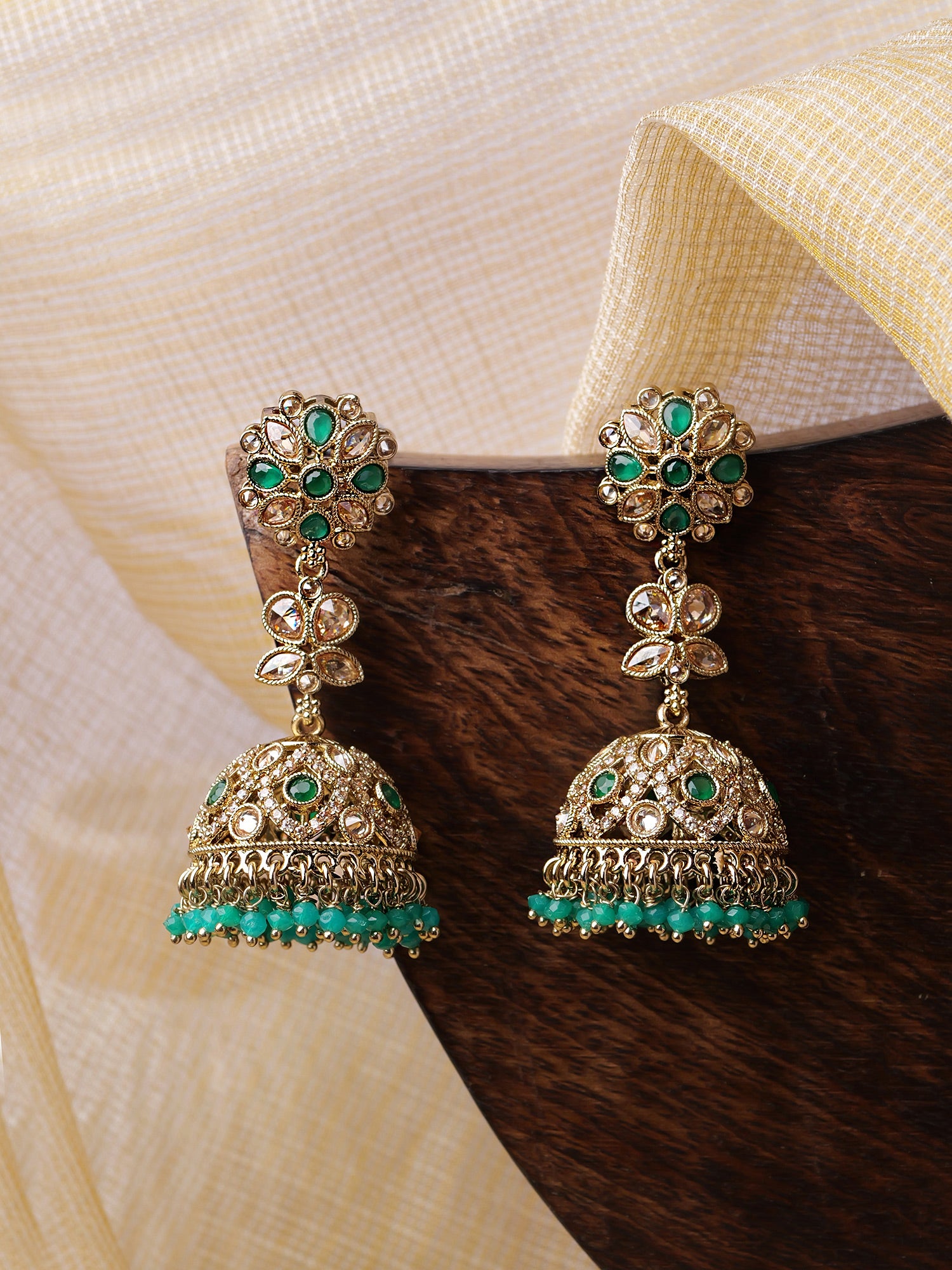 Morni Jhumkas in Green and Antique Gold