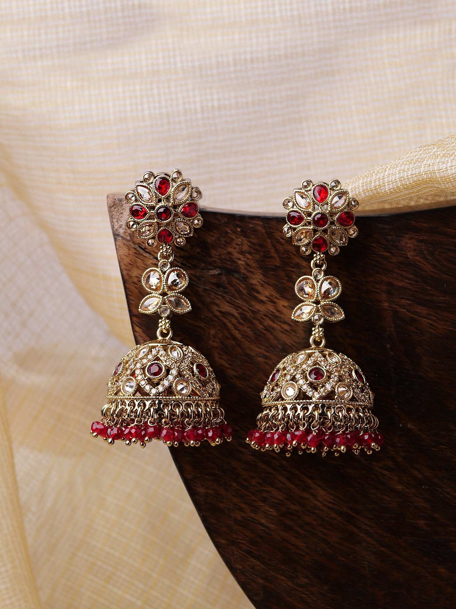 Morni Jhumkas in Maroon and Antique Gold