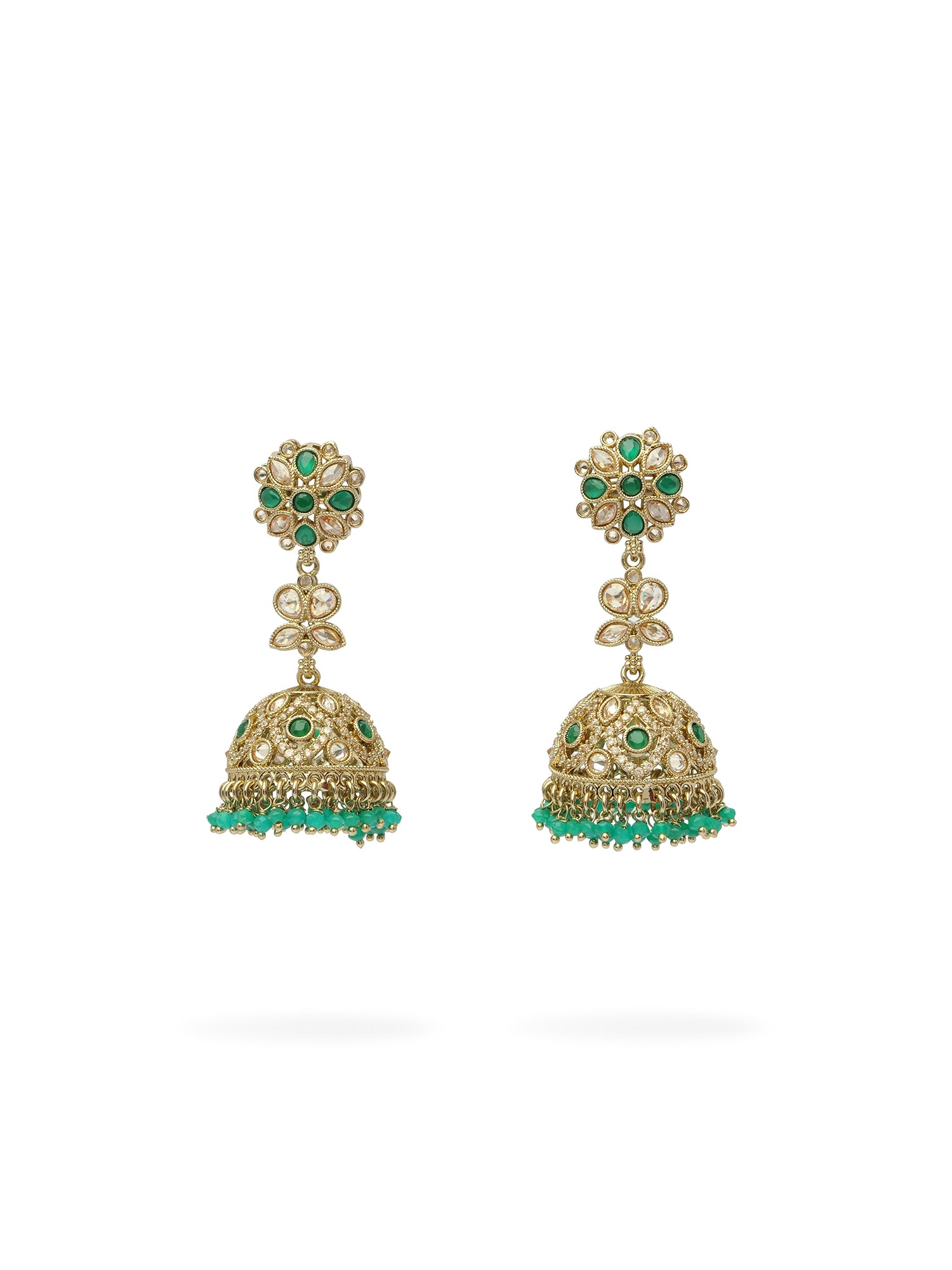 Morni Jhumkas in Green and Antique Gold