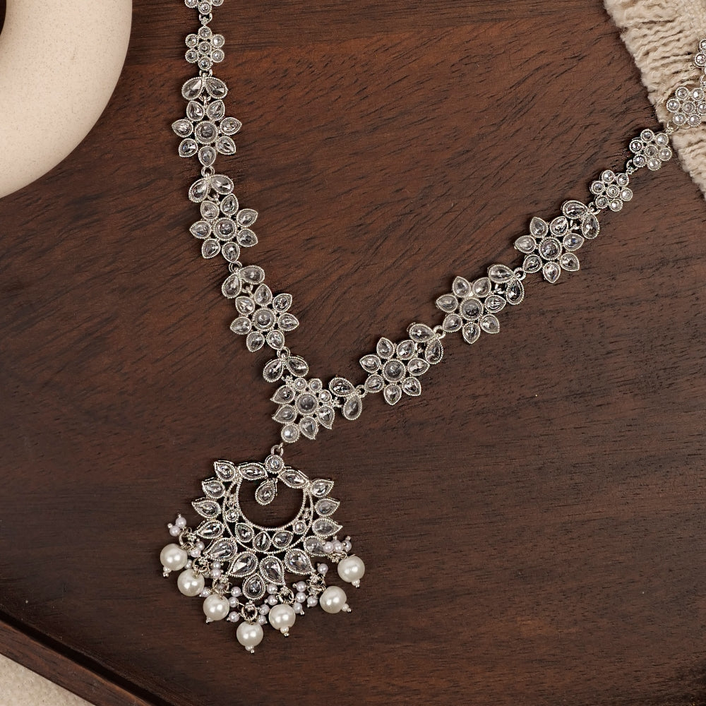 Niara Long Necklace in Pearl and Rhodium