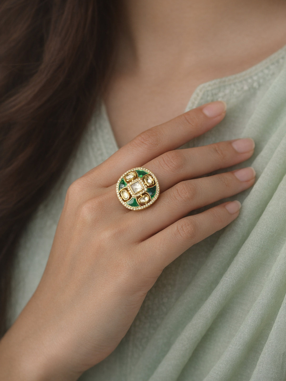 Nalini Kundan Ring in Green