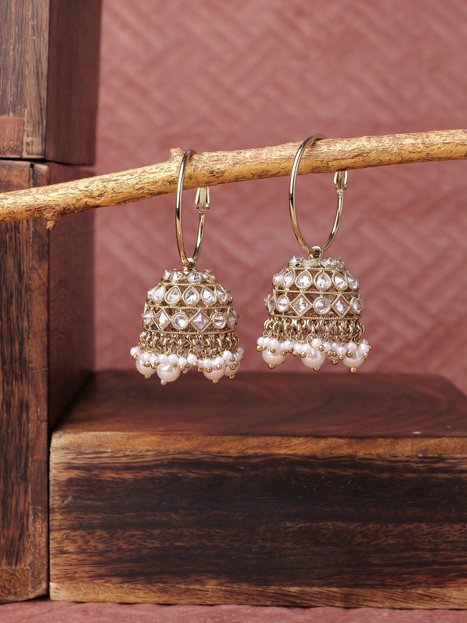 Nareen Jhumka Hoops in Pearl and White