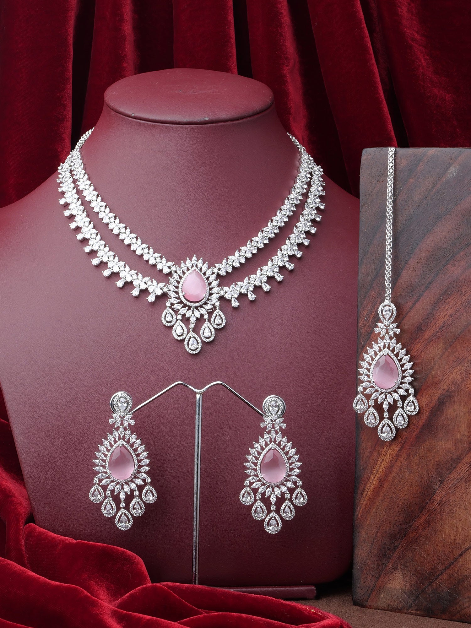 Navira Cubic Zirconia Necklace Set in Rhodium and Light Pink