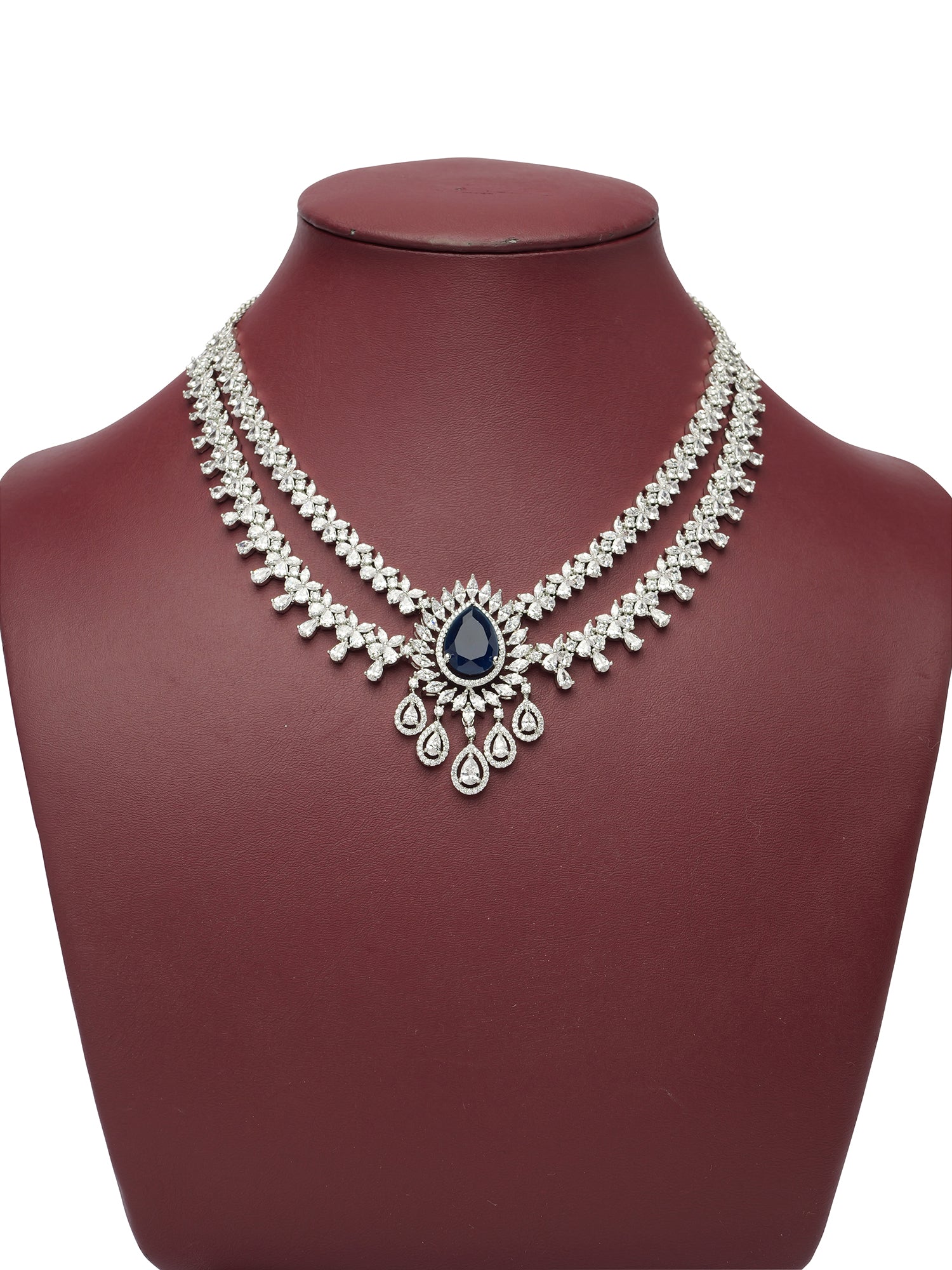 Navira Cubic Zirconia Necklace Set in Rhodium and Blue