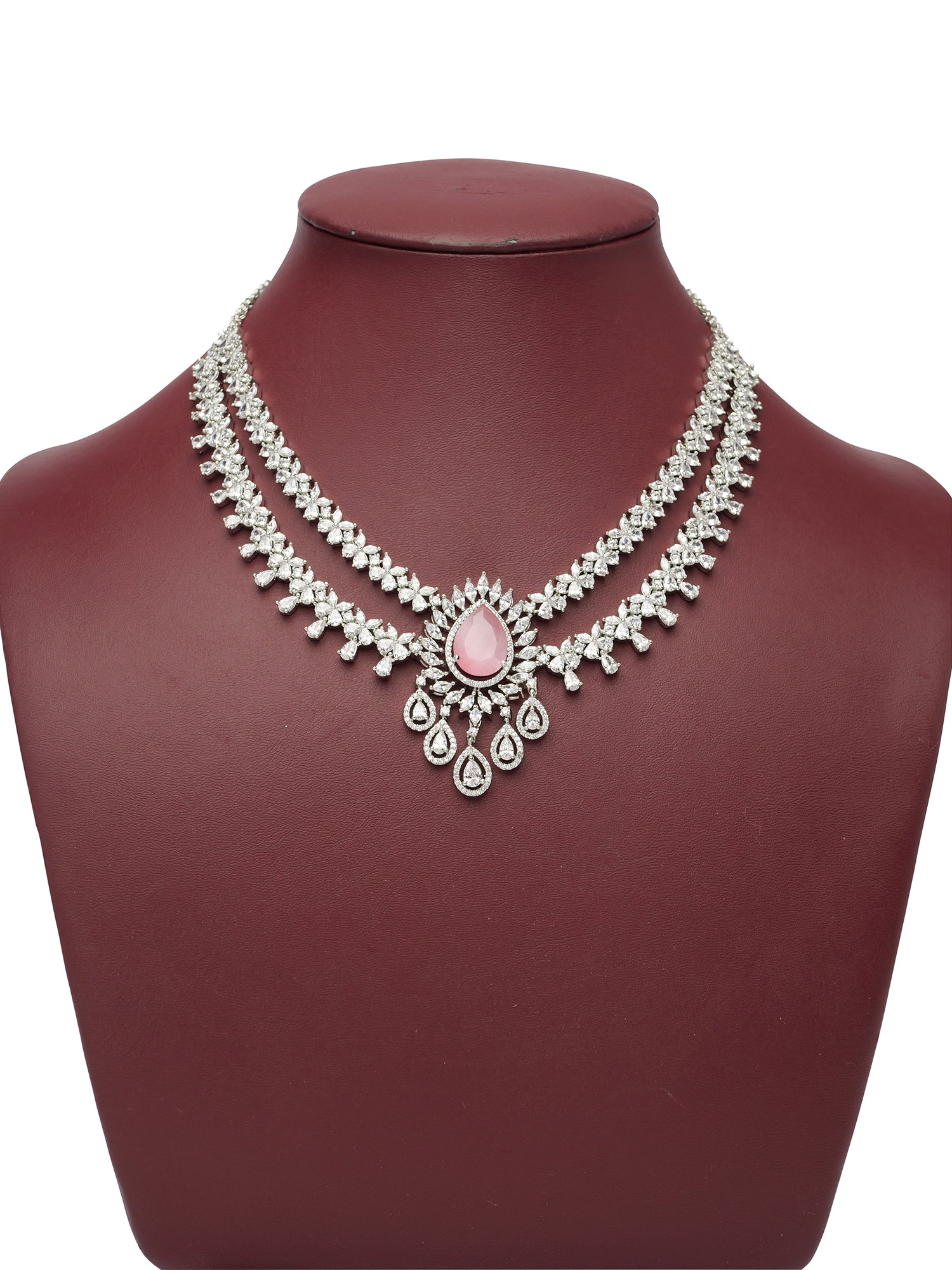 Navira Cubic Zirconia Necklace Set in Rhodium and Light Pink