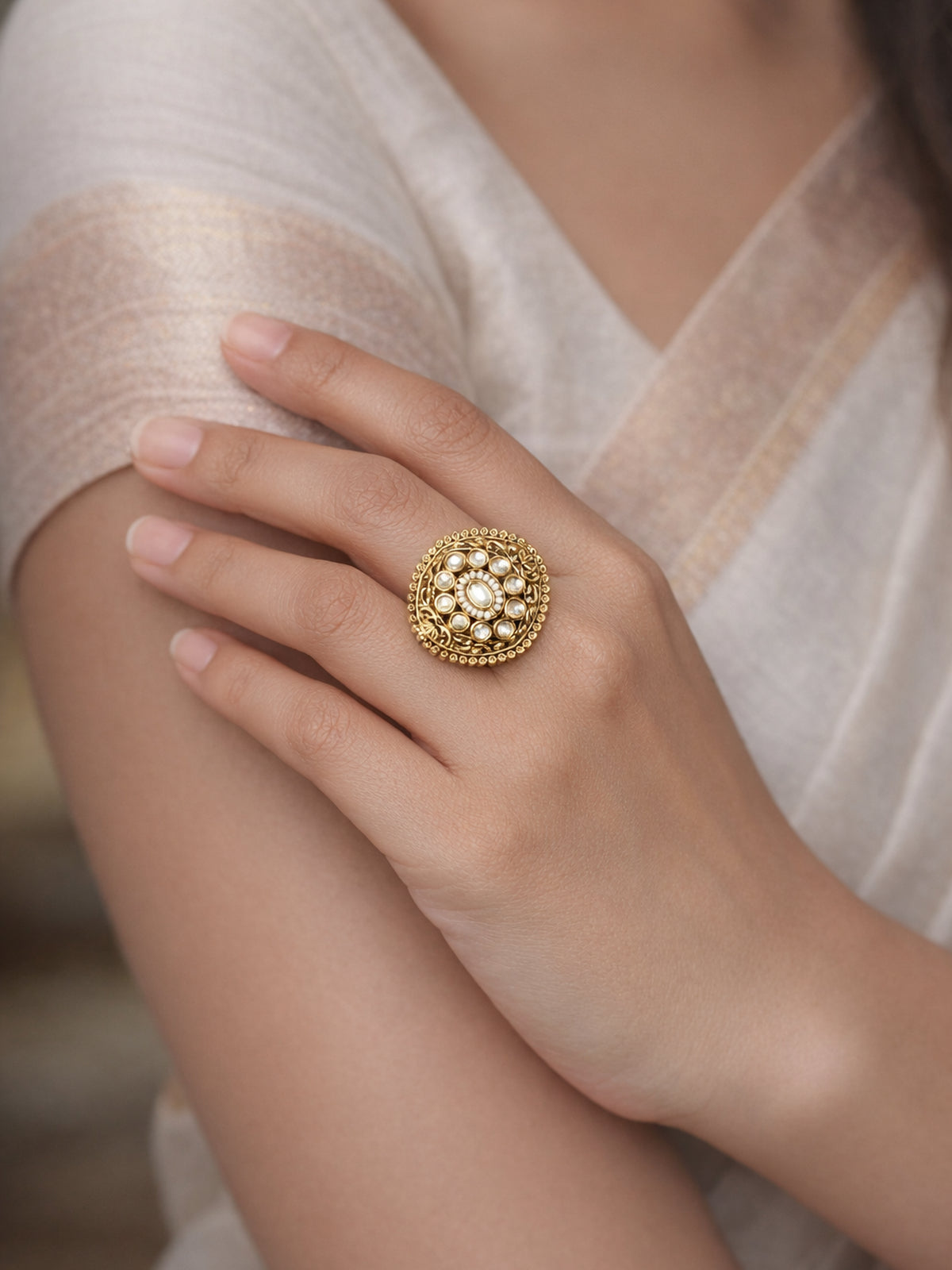 Navya Kundan Ring in White