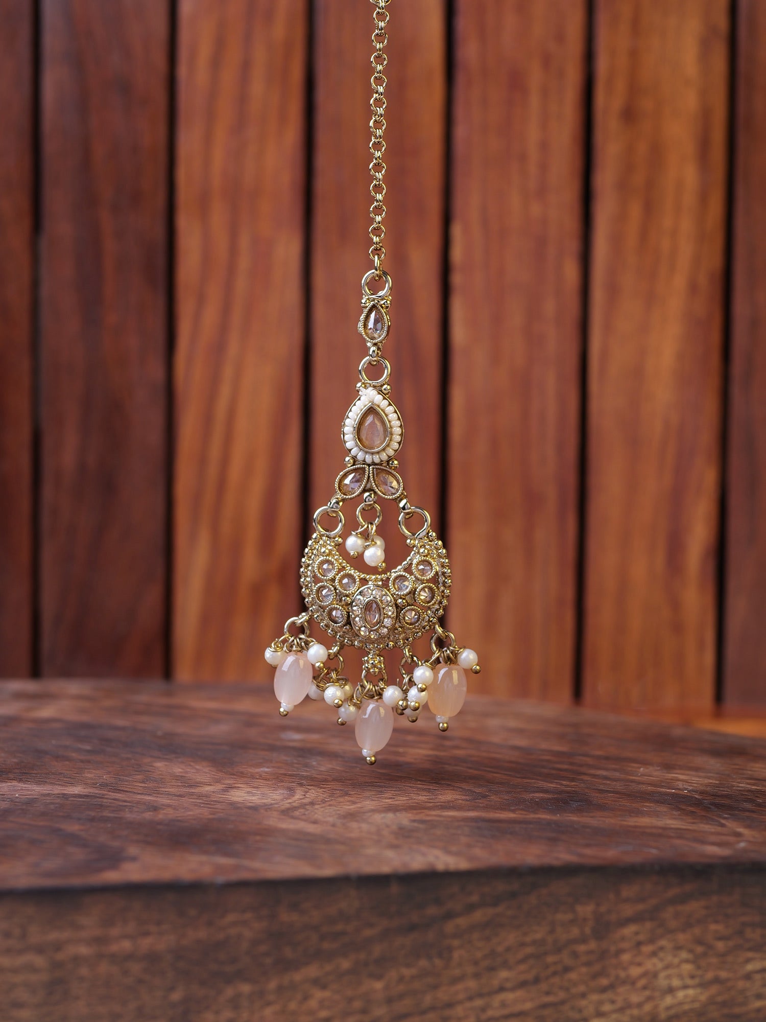 Nayla Pearl Maang Tikka in Peach
