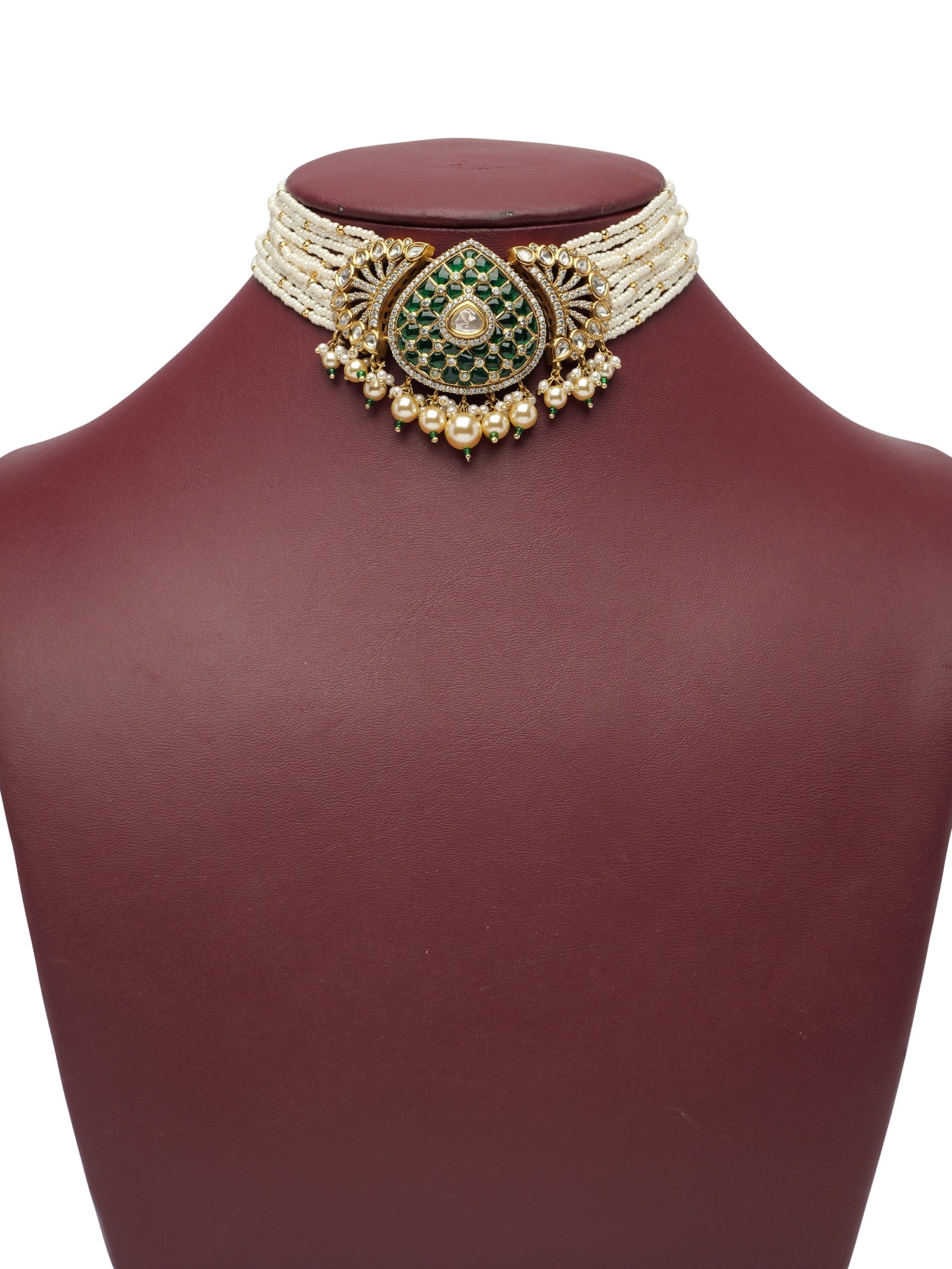 Nazeera Kundan and Minakari Choker Set in Green and Pearl