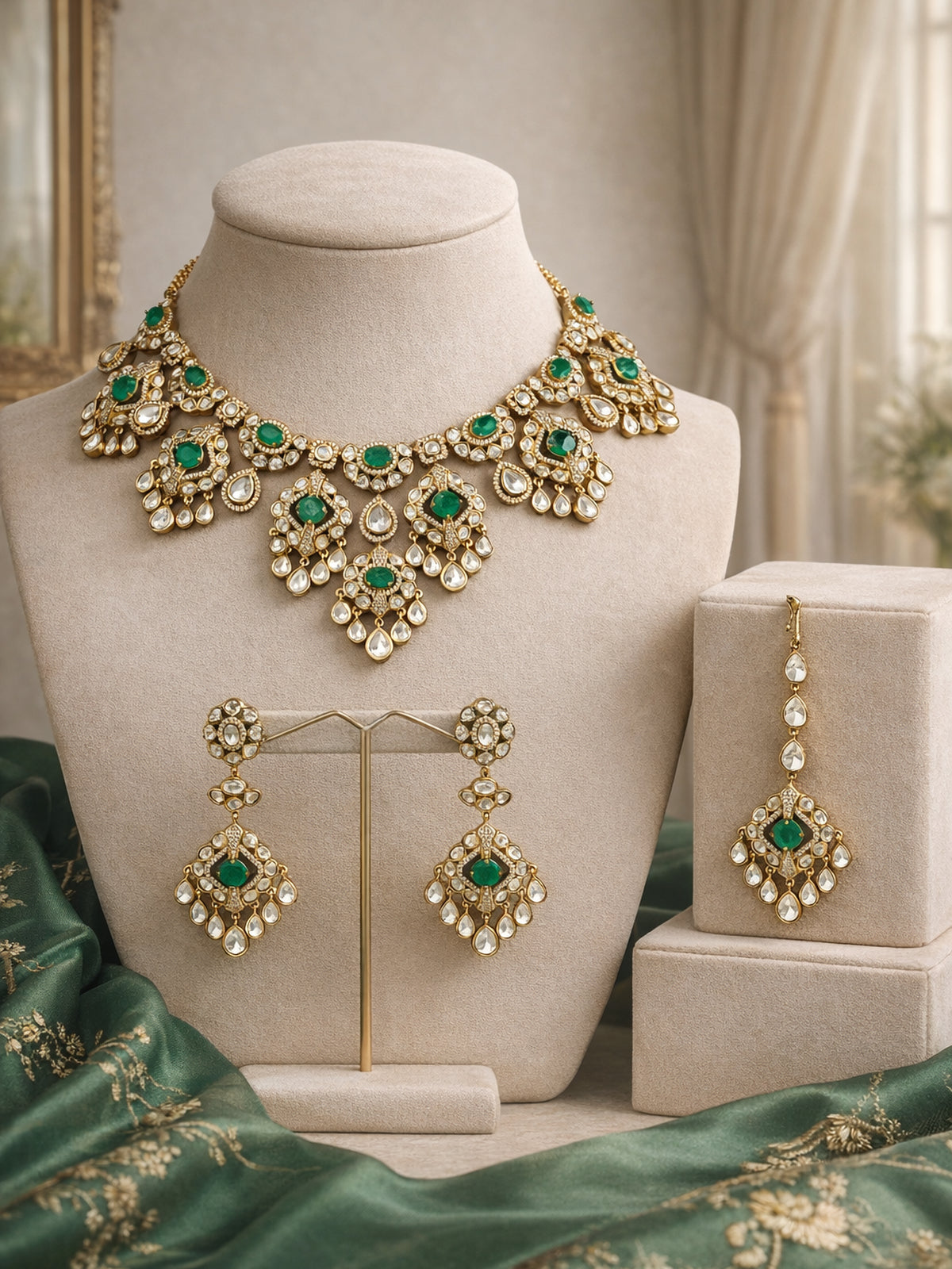 Nazneen Bridal Kundan Necklace Set in Green