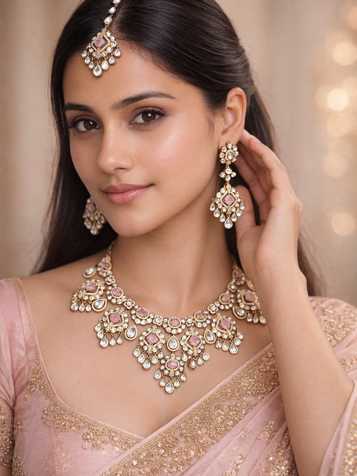 Nazneen Bridal Kundan Necklace Set in Pink