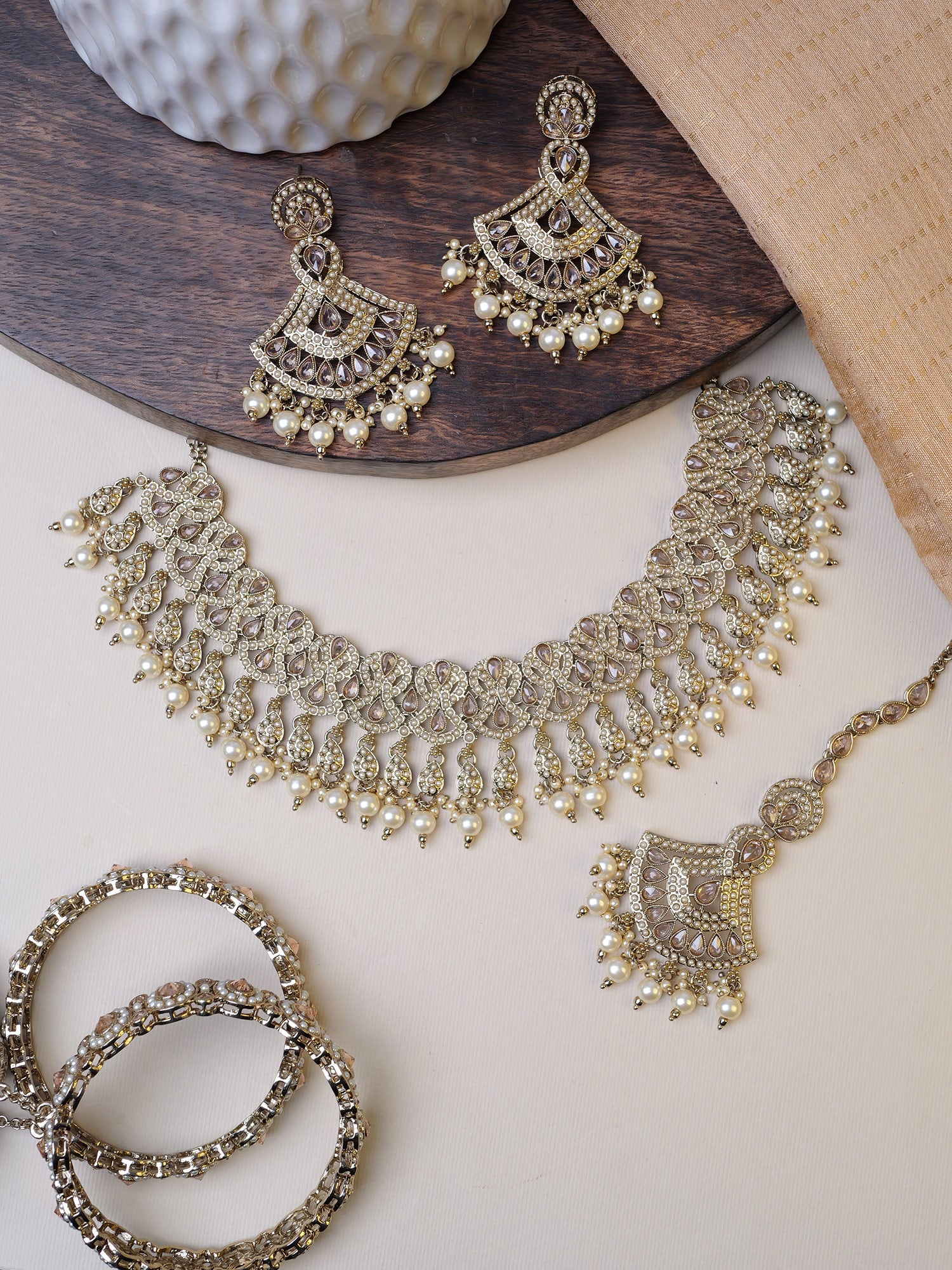 Neelima Pearl Necklace Set in Antique Gold