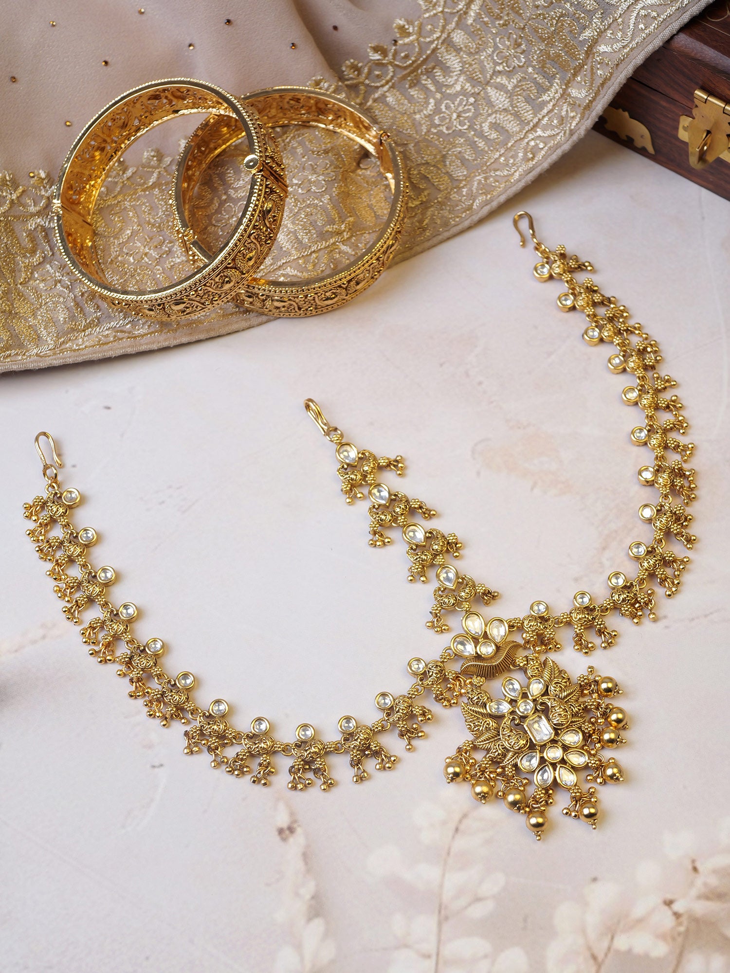 Nilaya Matta Patti in White and Gold Oxidised