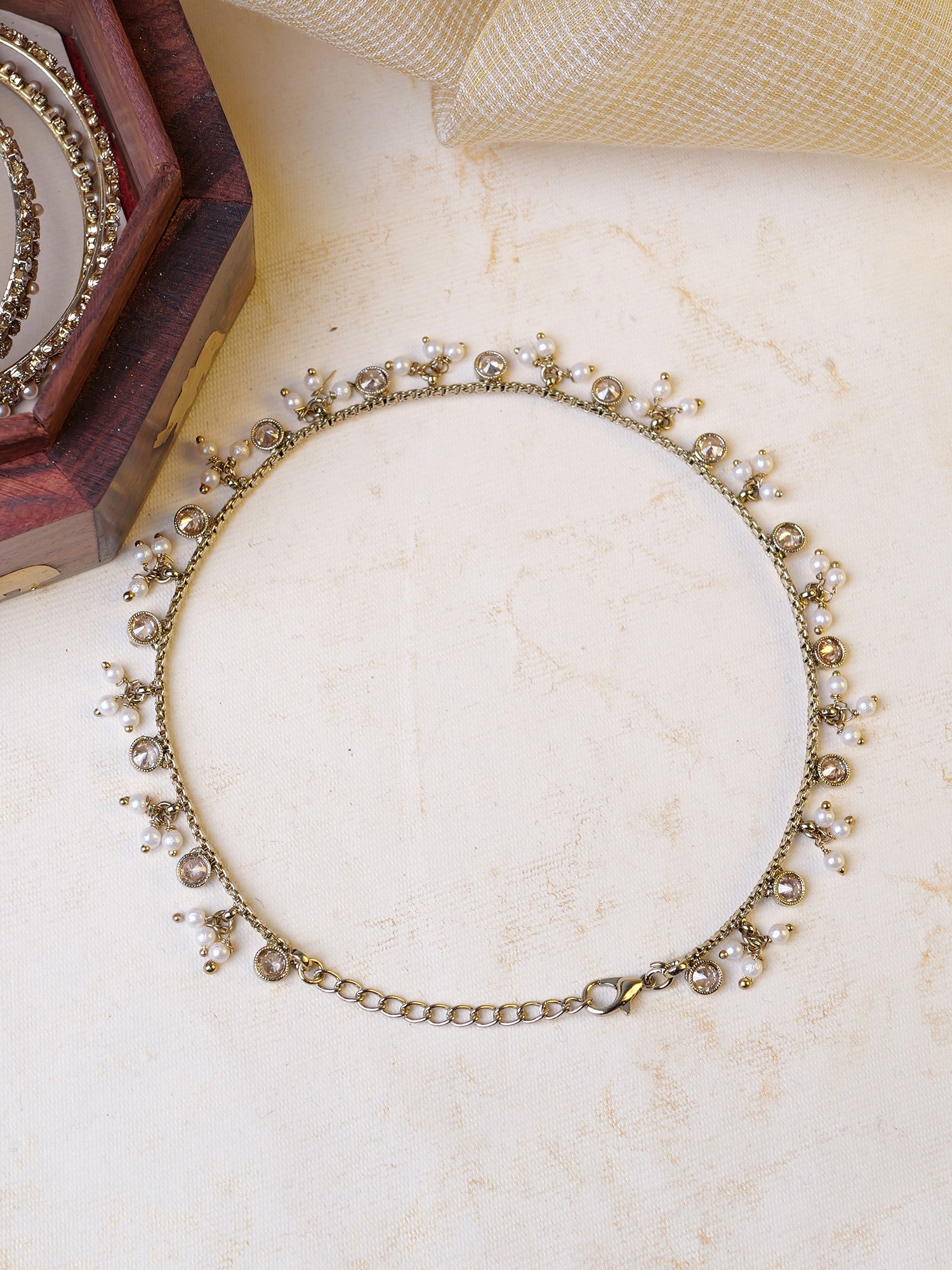 Nisha Pearl and Crystal Drop Anklet in Champagne