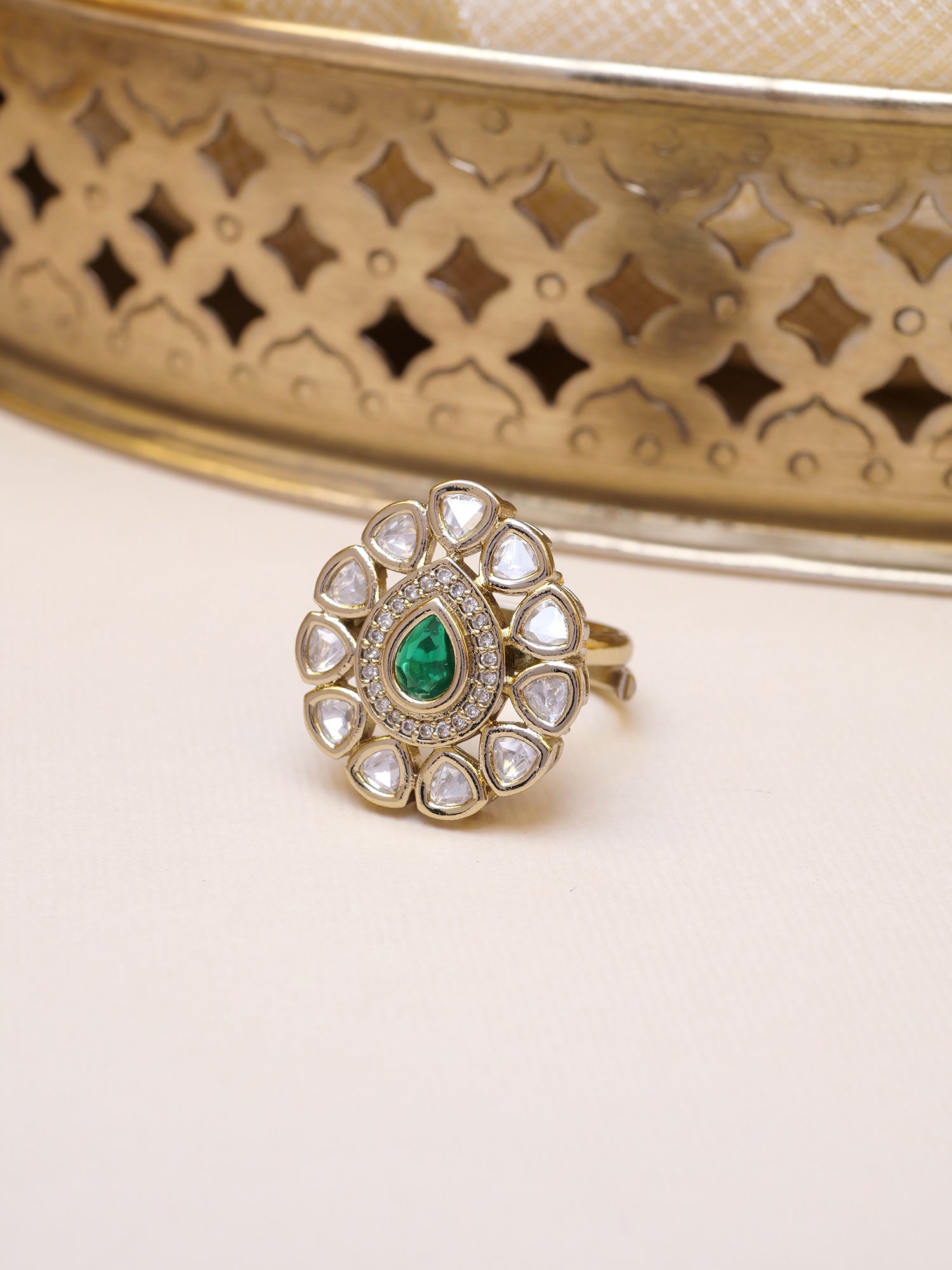 Niya Kundan Ring in Green and Antique Gold