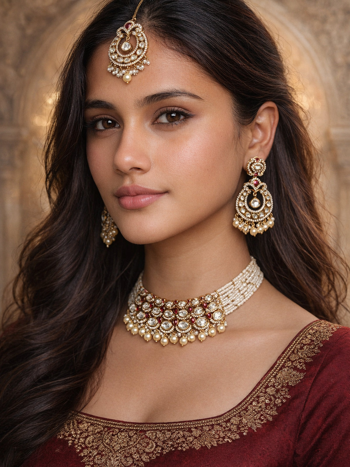Noorani Kundan Choker Set in Ruby and Pearl