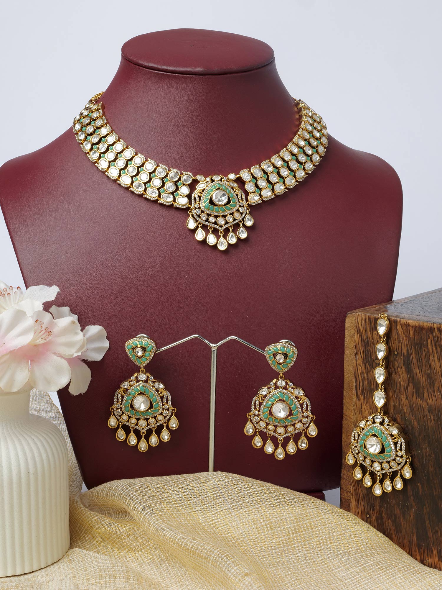 Noorina Kundan Necklace Set in Light Blue