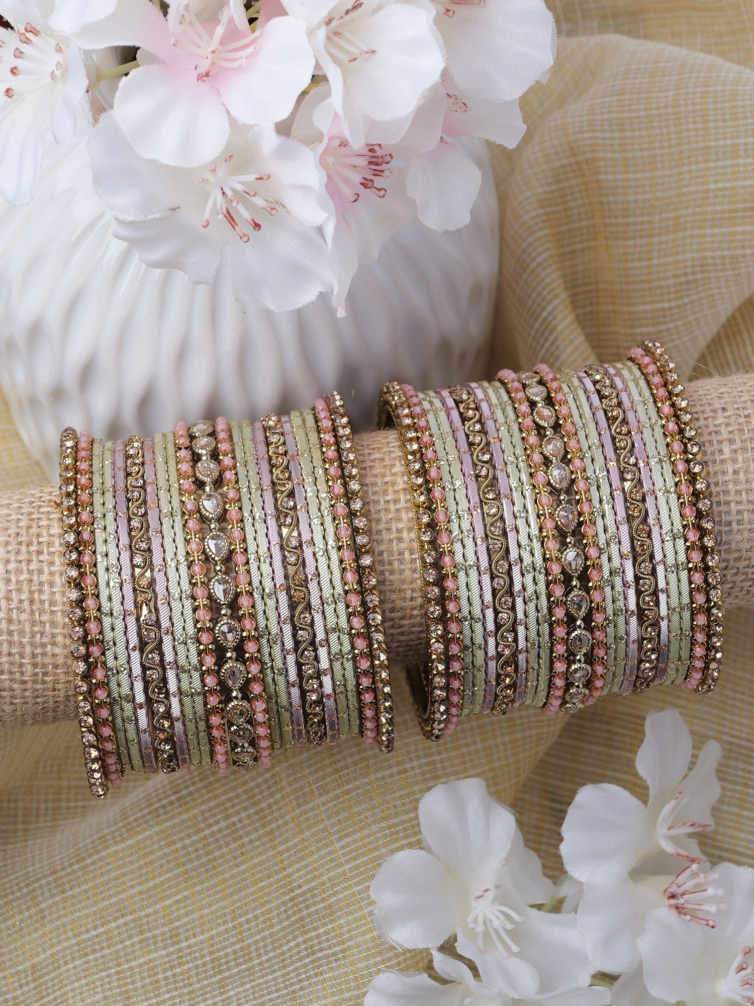 Nuvira Bangle Set in Pink and Antique Gold