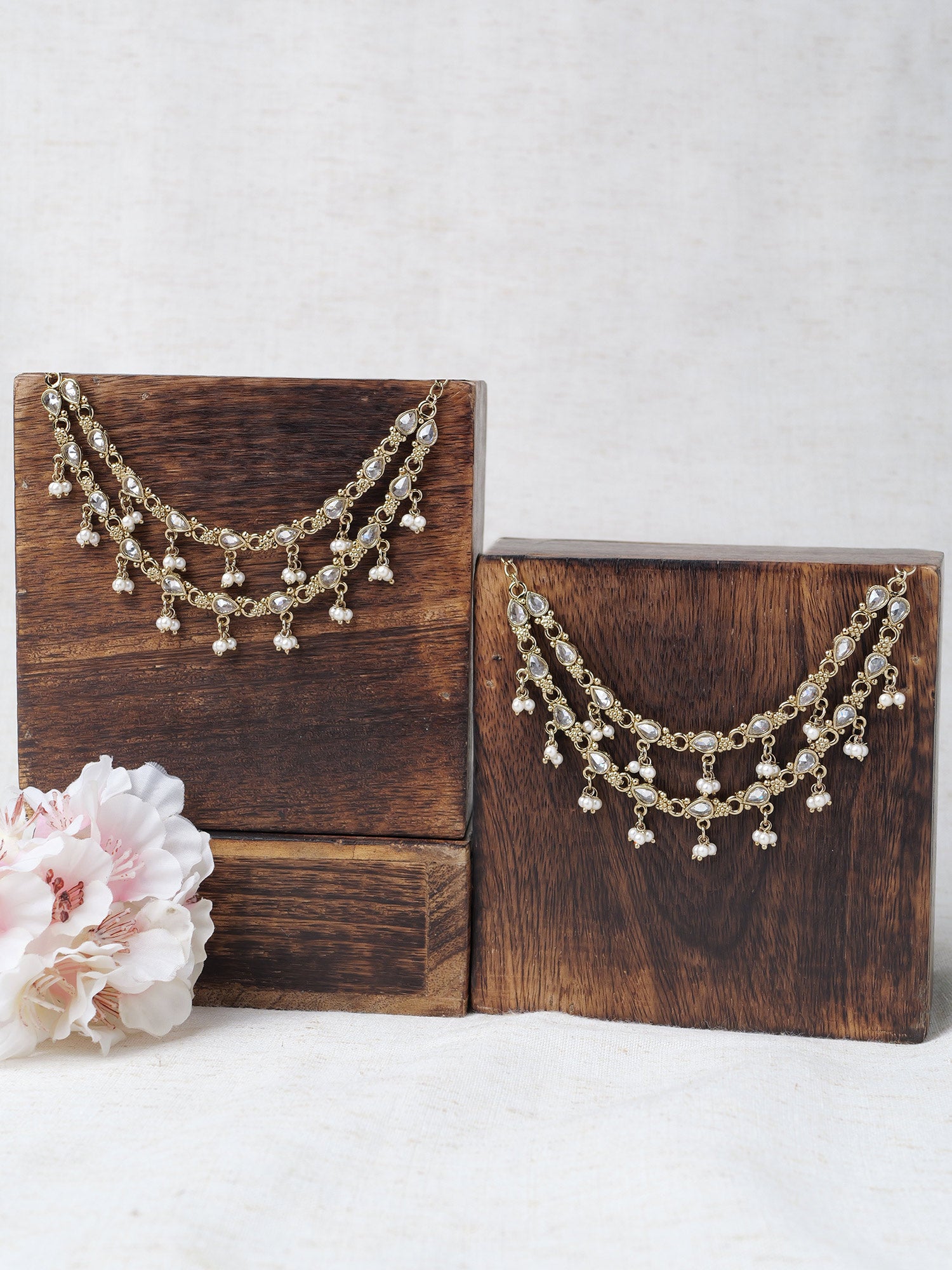 Nysha Ear Chains in White and Antique Gold