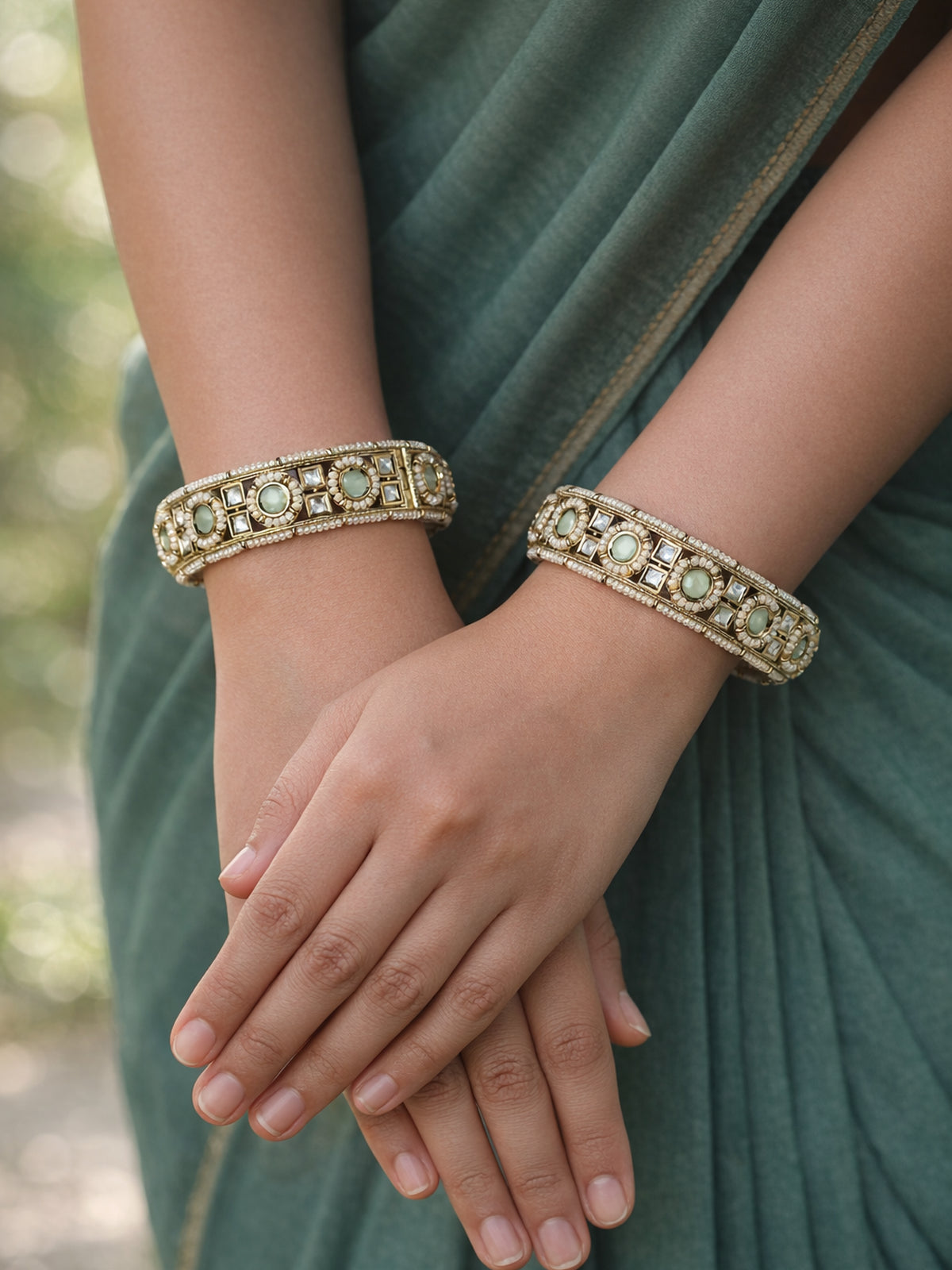 Palki Kundan Pearl Bangles in Mint