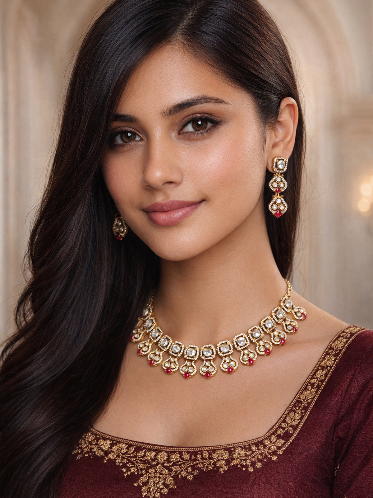 Parisa Kundan Necklace Set in Ruby