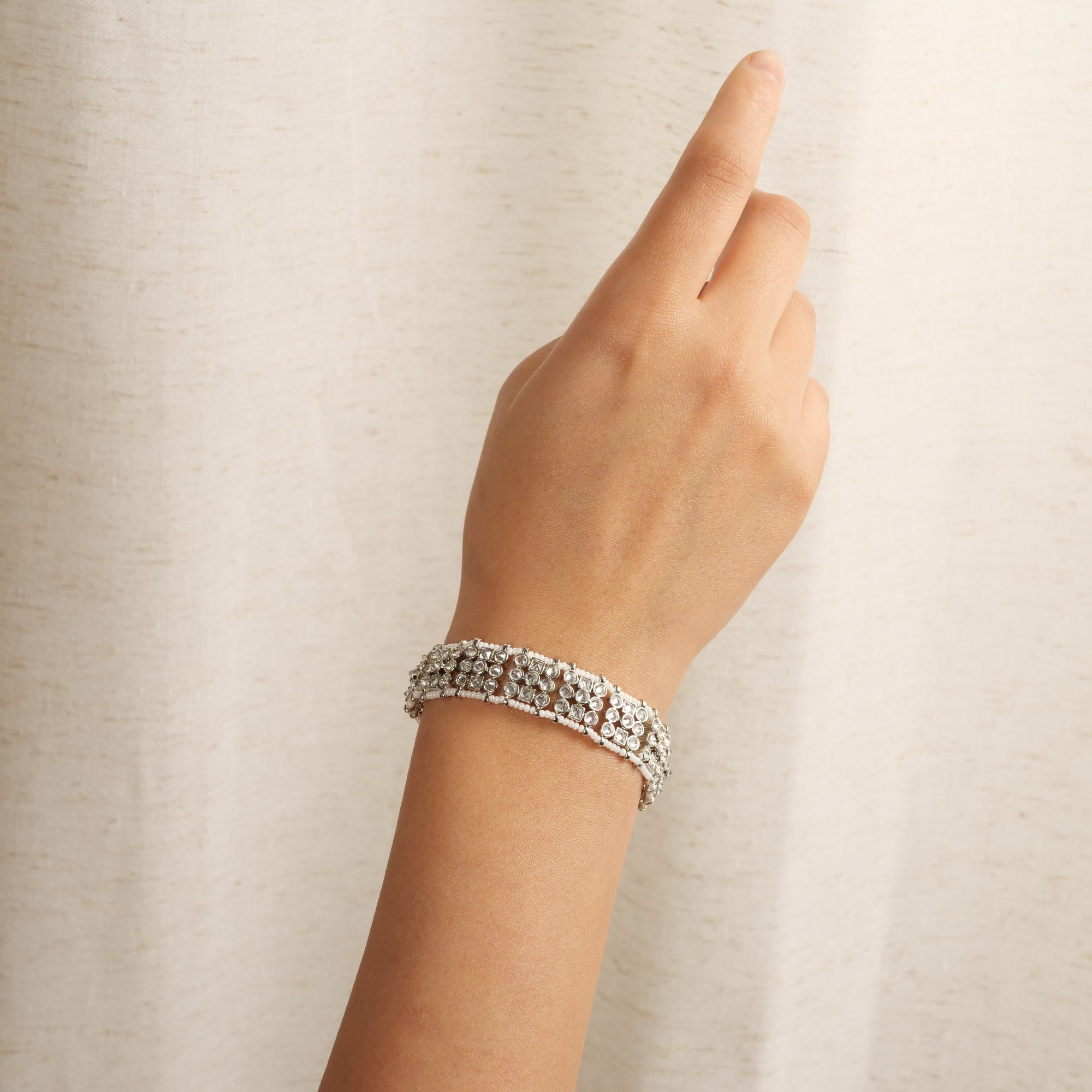 Pearl Edge Wide Bracelet in Rhodium