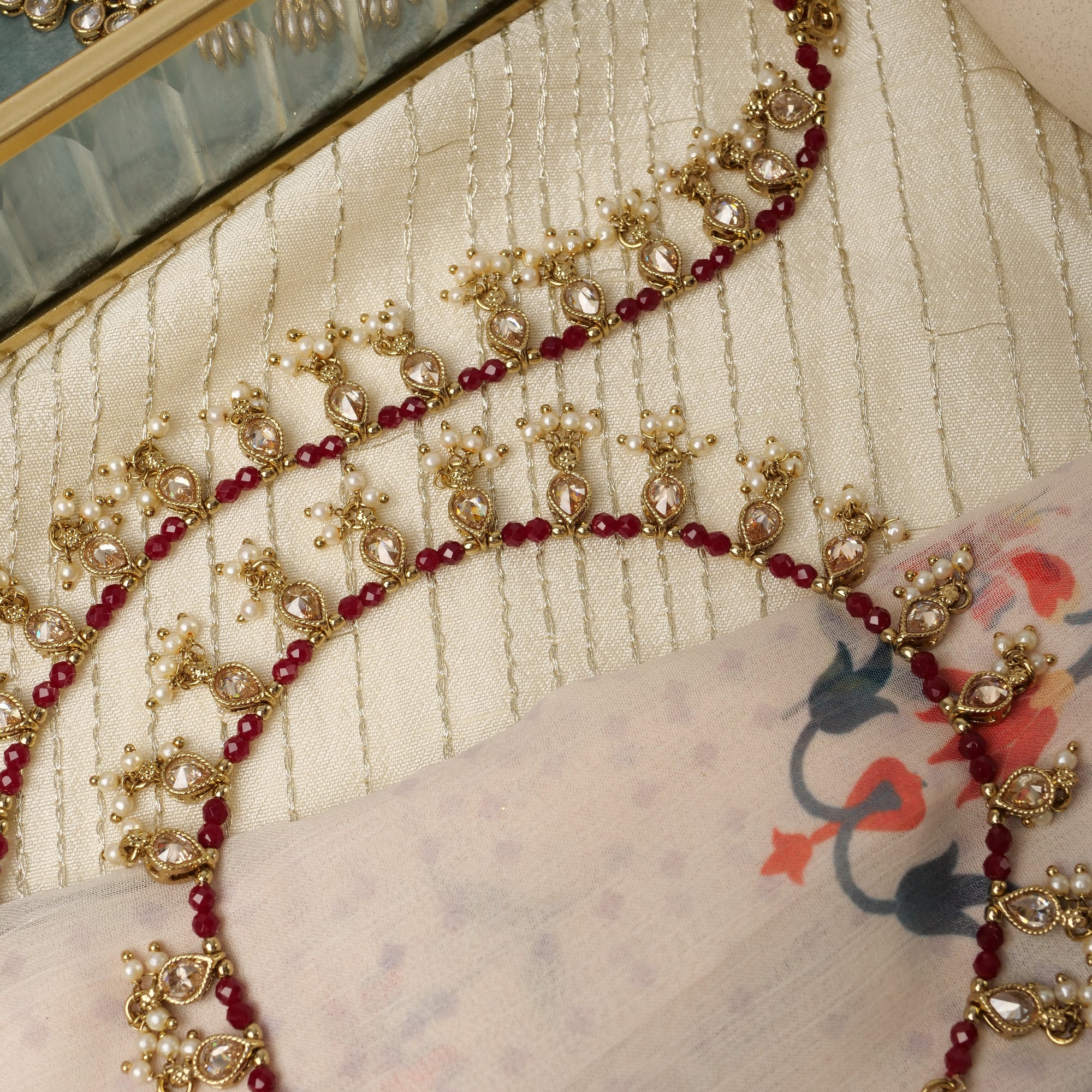 Pearl and Maroon Bead Crystal Anklet