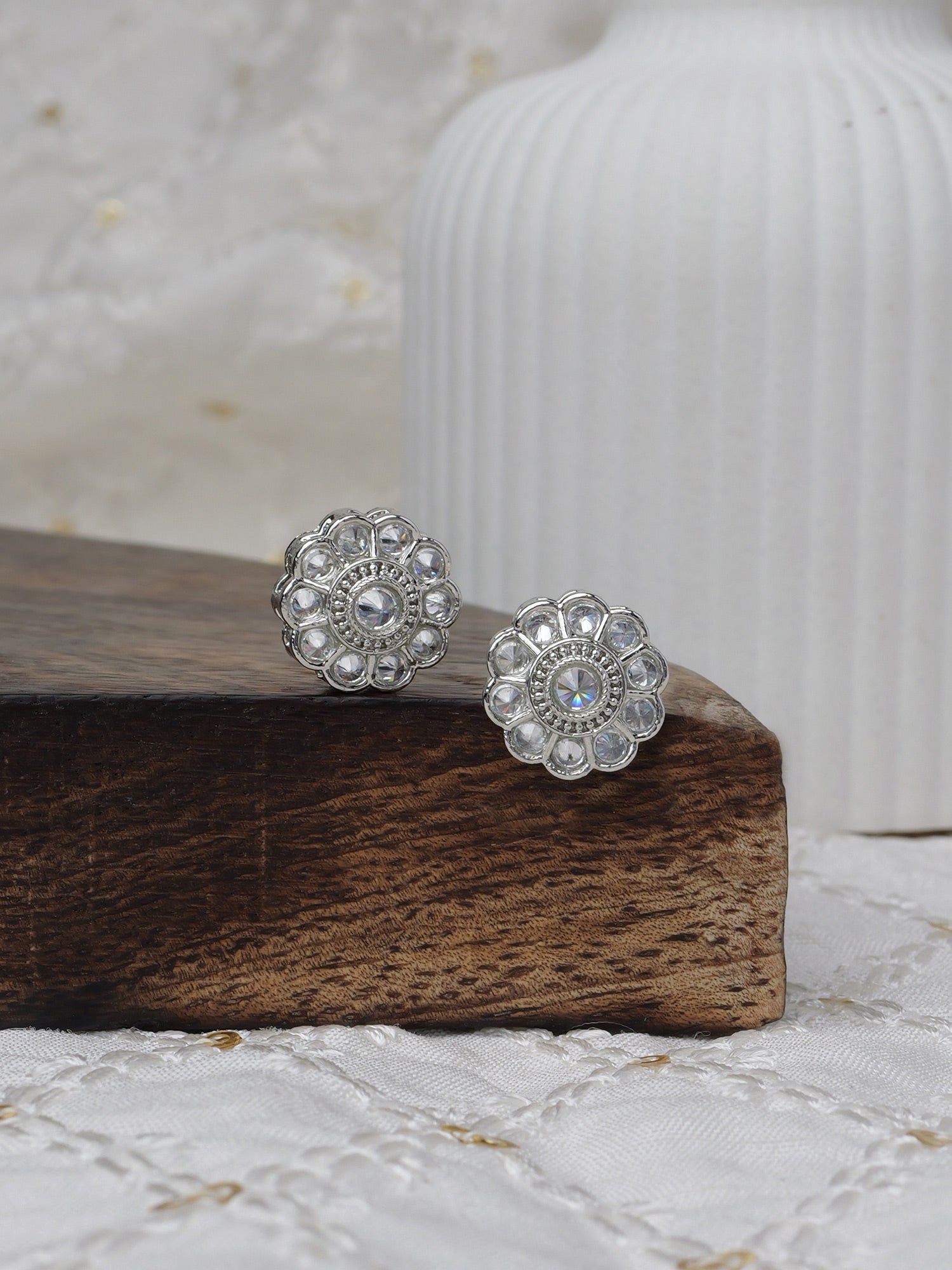 Phool Ear Studs in Rhodium