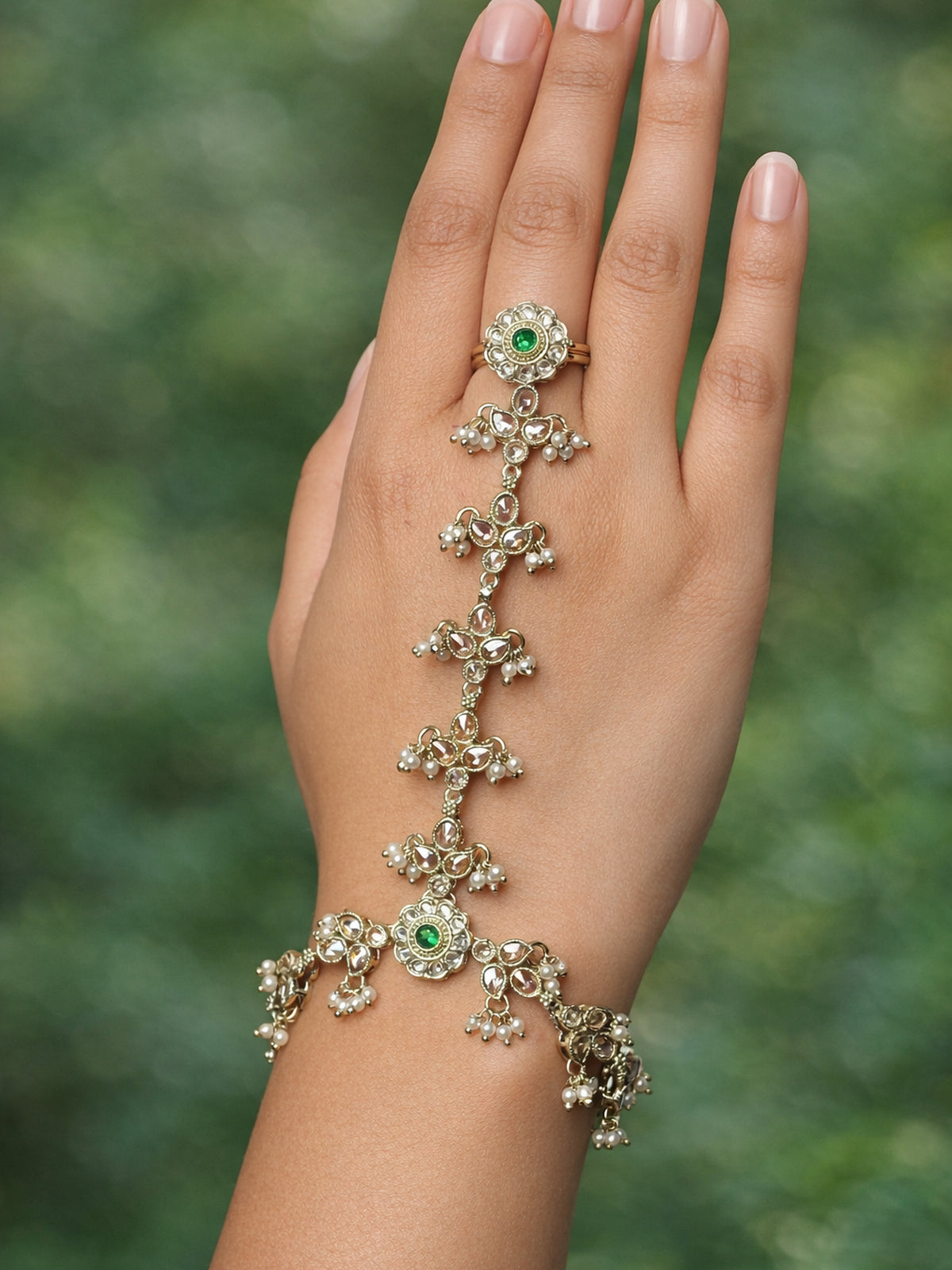 Phool Crystal Hand Chain in Green