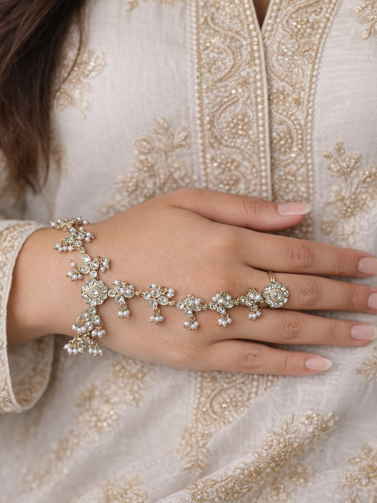Phool Crystal Hand Chain in White