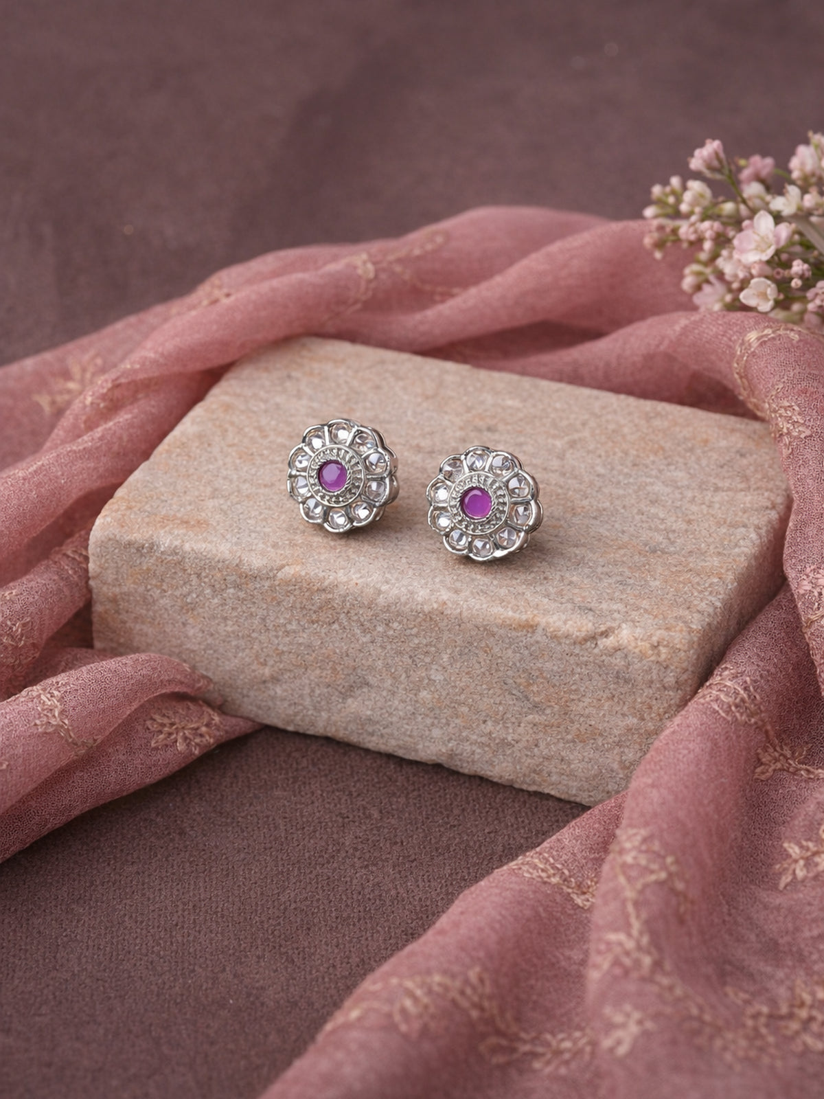 Phool Ear Studs in Ruby