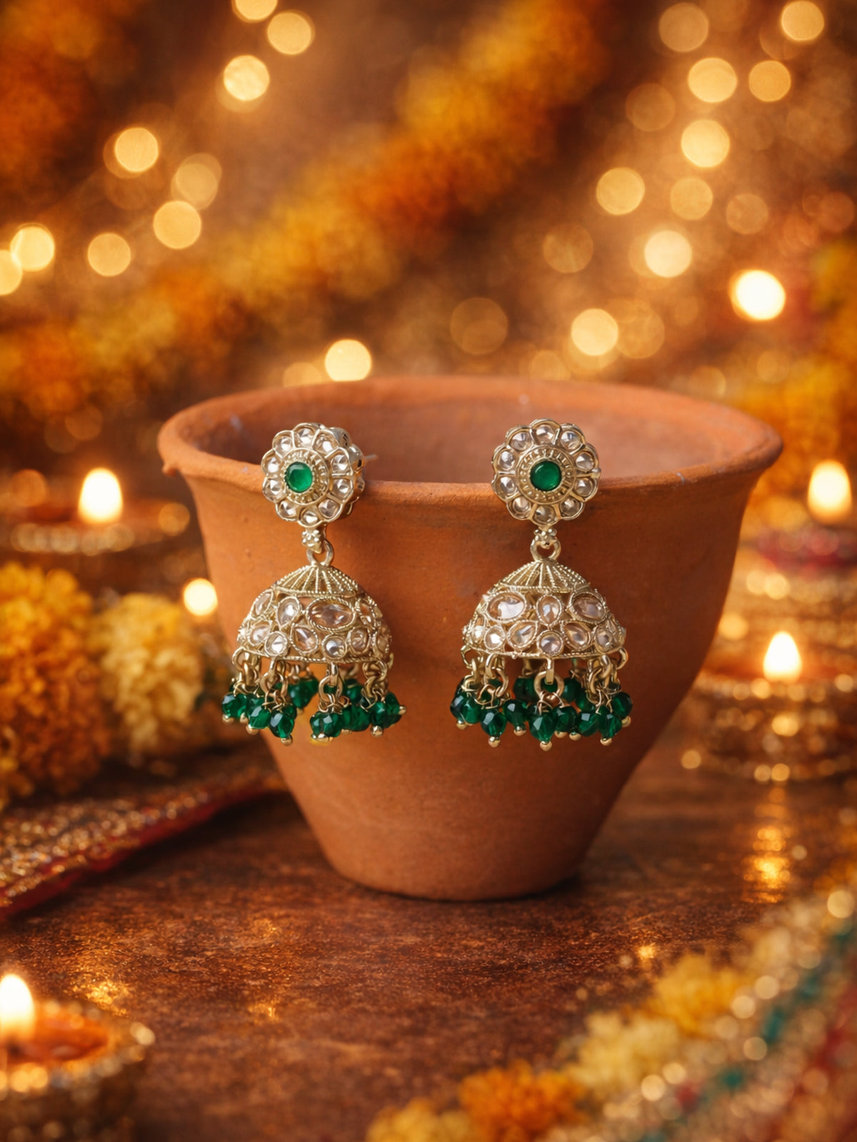 Phool Jhumka Earrings in Green