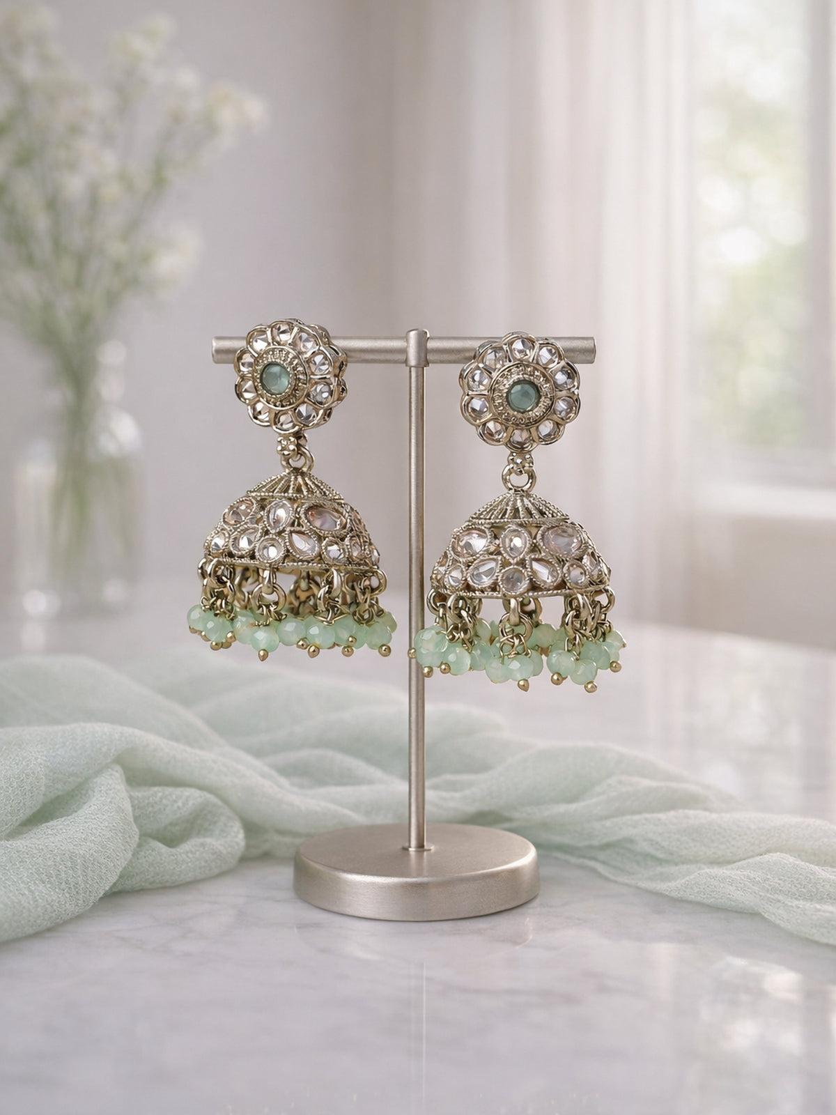 Phool Jhumka Earrings in Mint