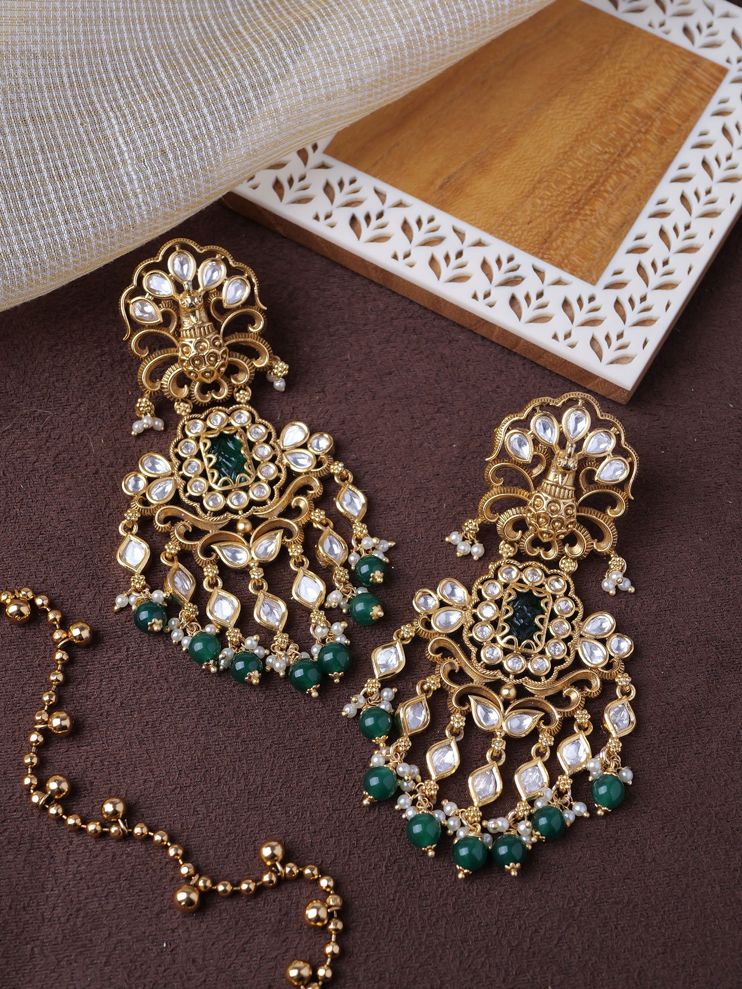 Pranali Kundan Long Earrings in Green