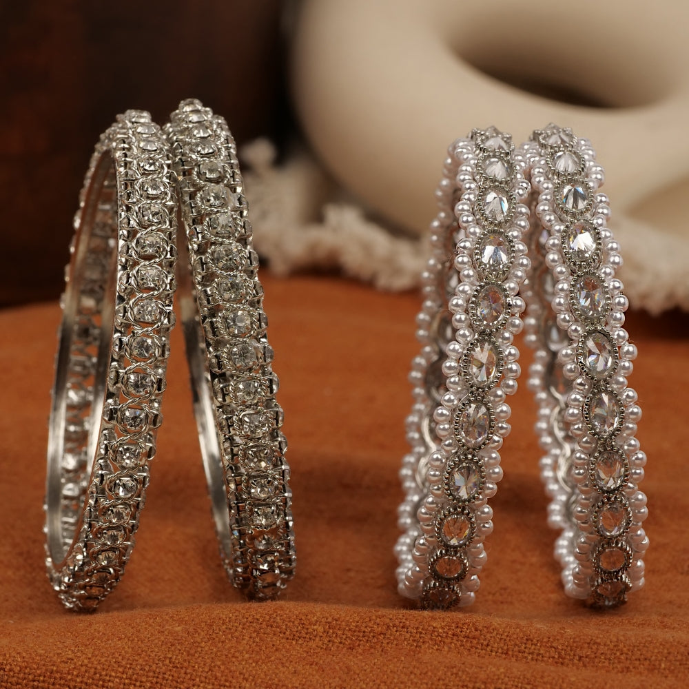 White Diamante Bangles in Rhodium