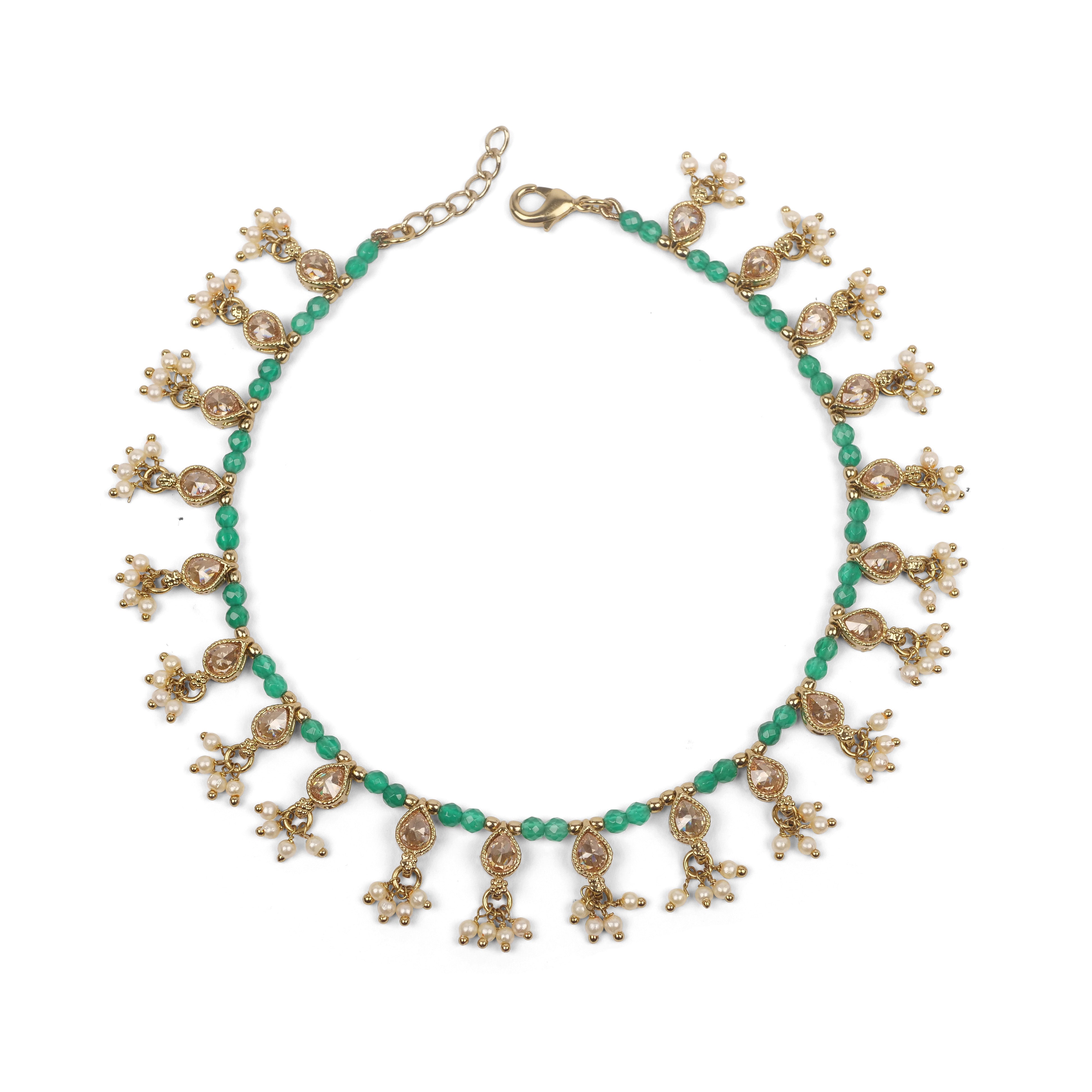 Pearl and Green Bead Crystal Anklet
