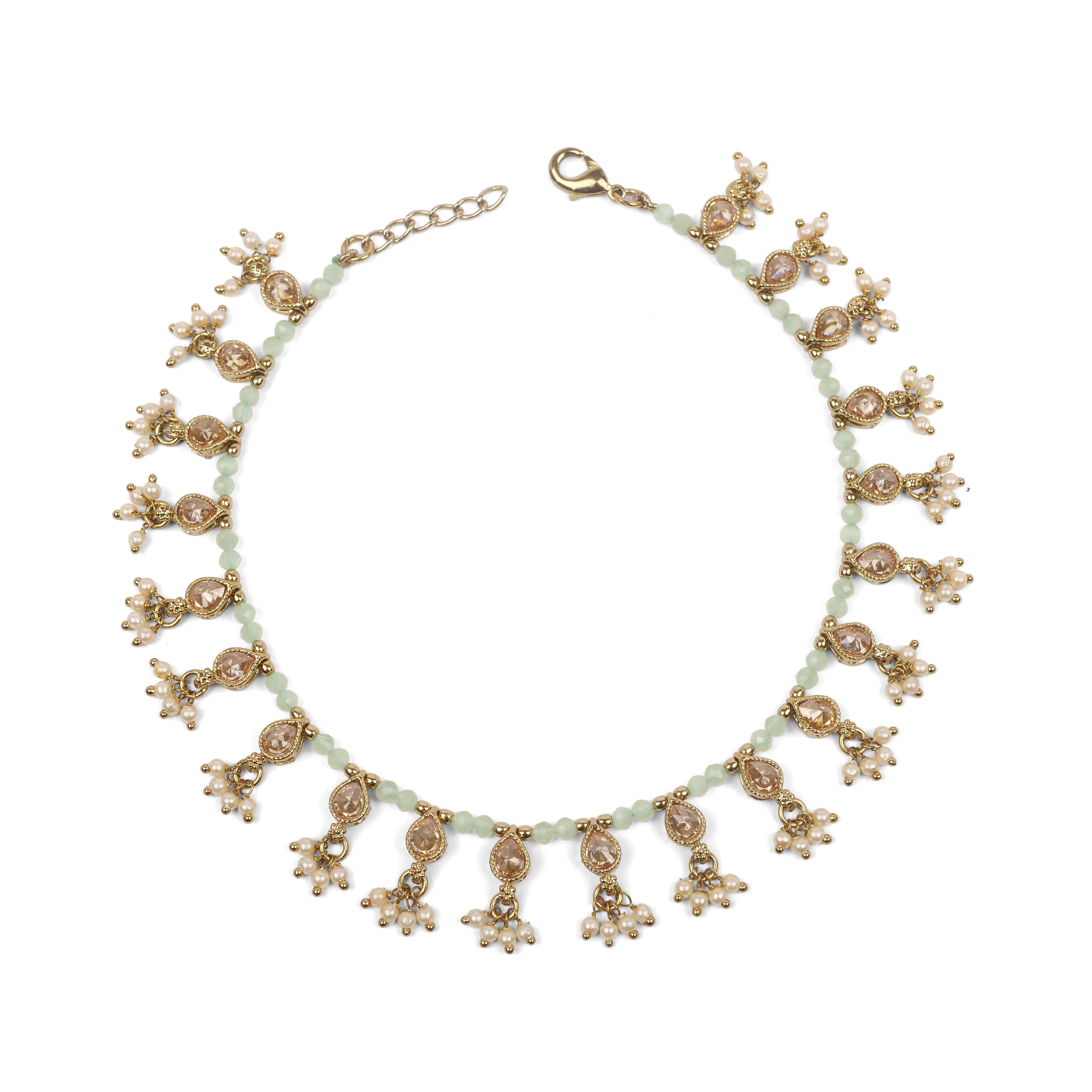Pearl and Mint Bead Crystal Anklet