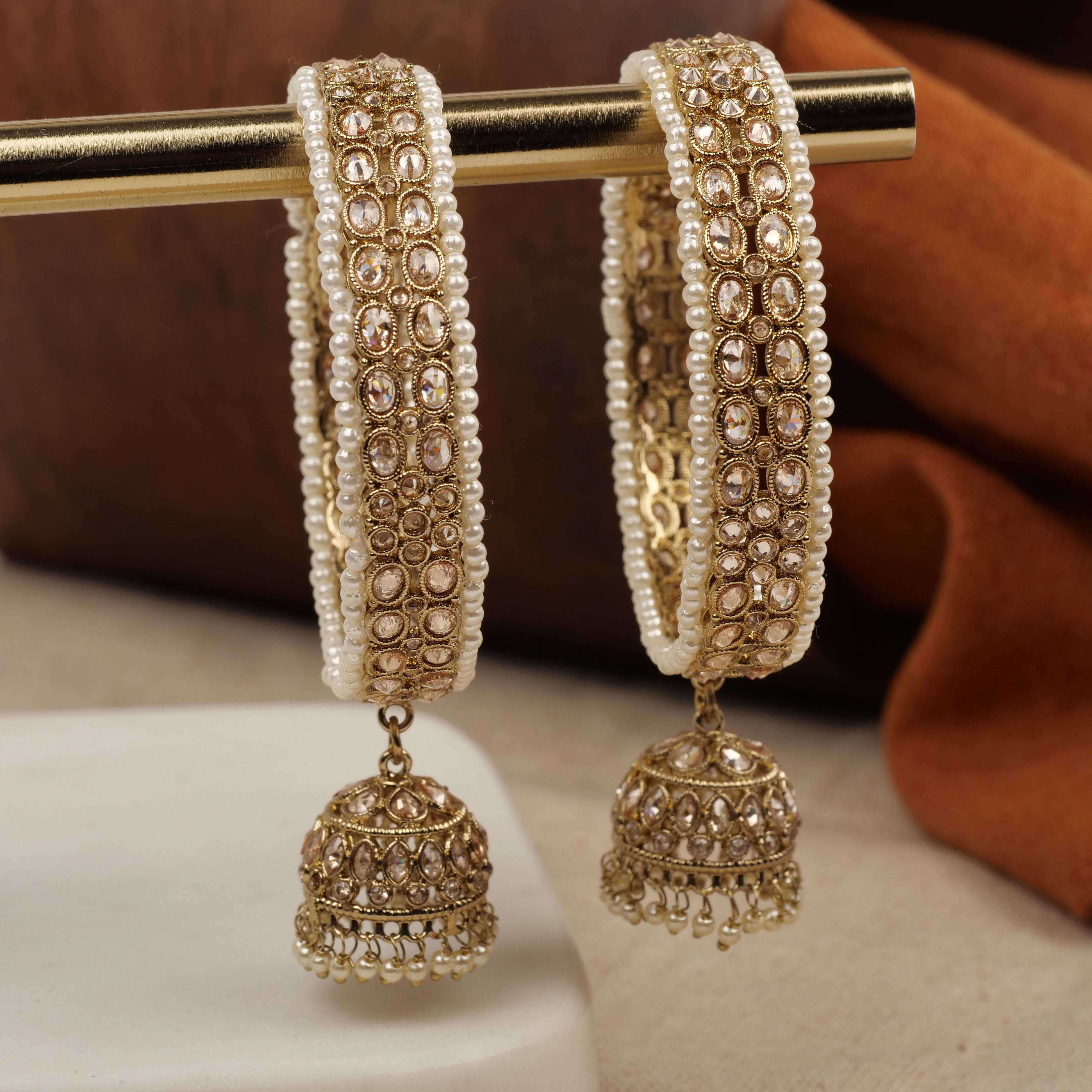 Pearl Edge Jhumka Kadas in Antique Gold