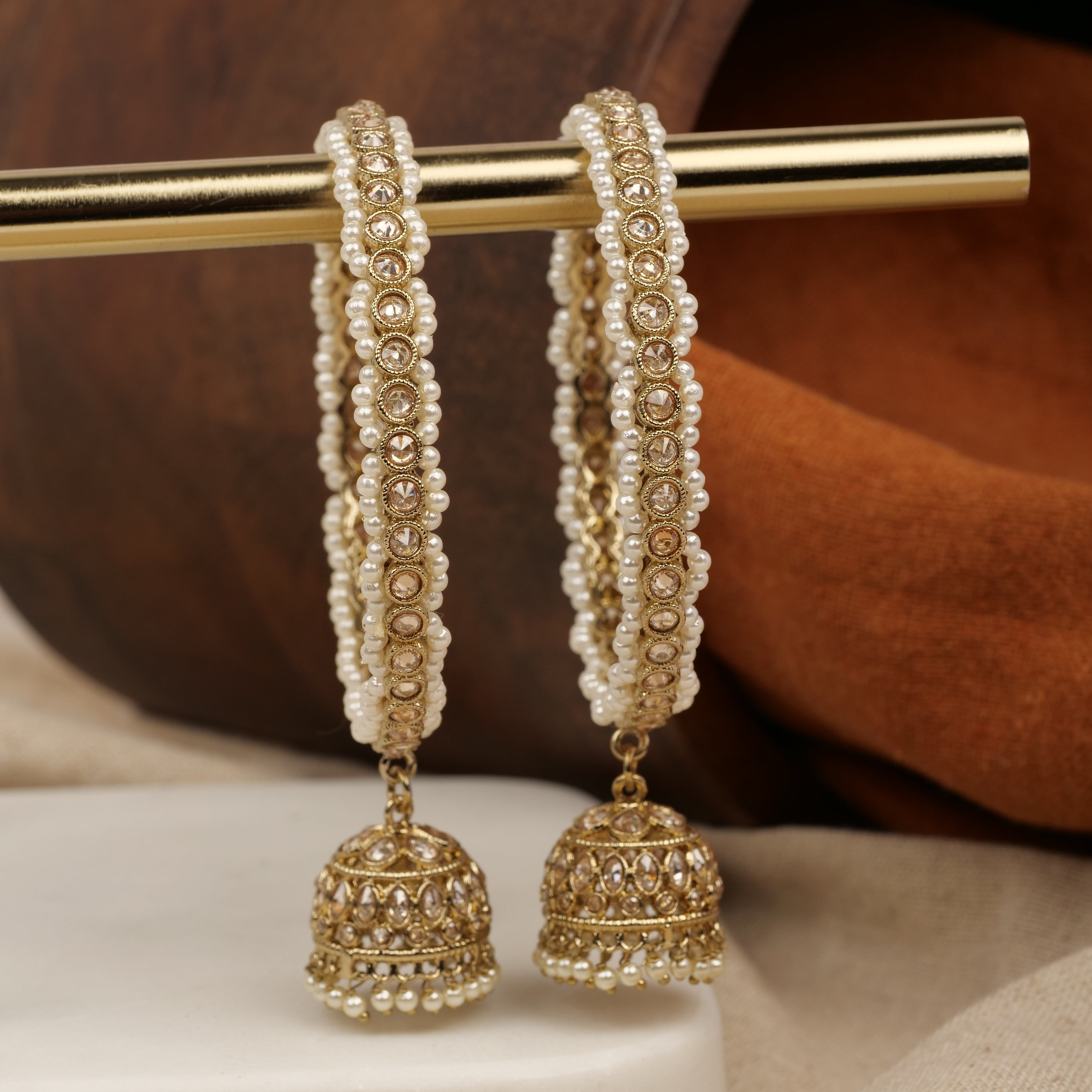 Tarini Pearl Jhumka Kadas in Antique Gold