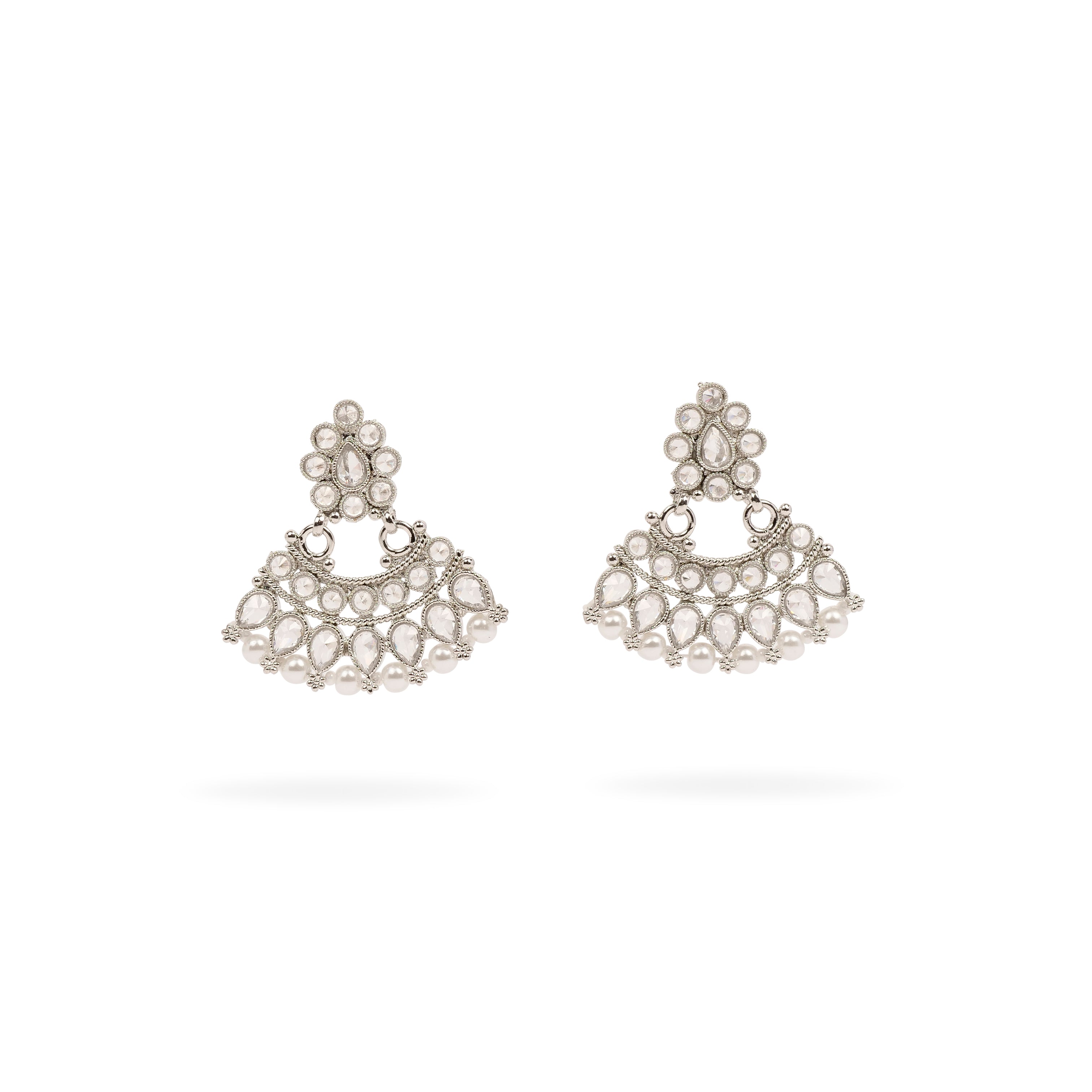 Anala Small Chandbali Earrings in Pearl and Rhodium