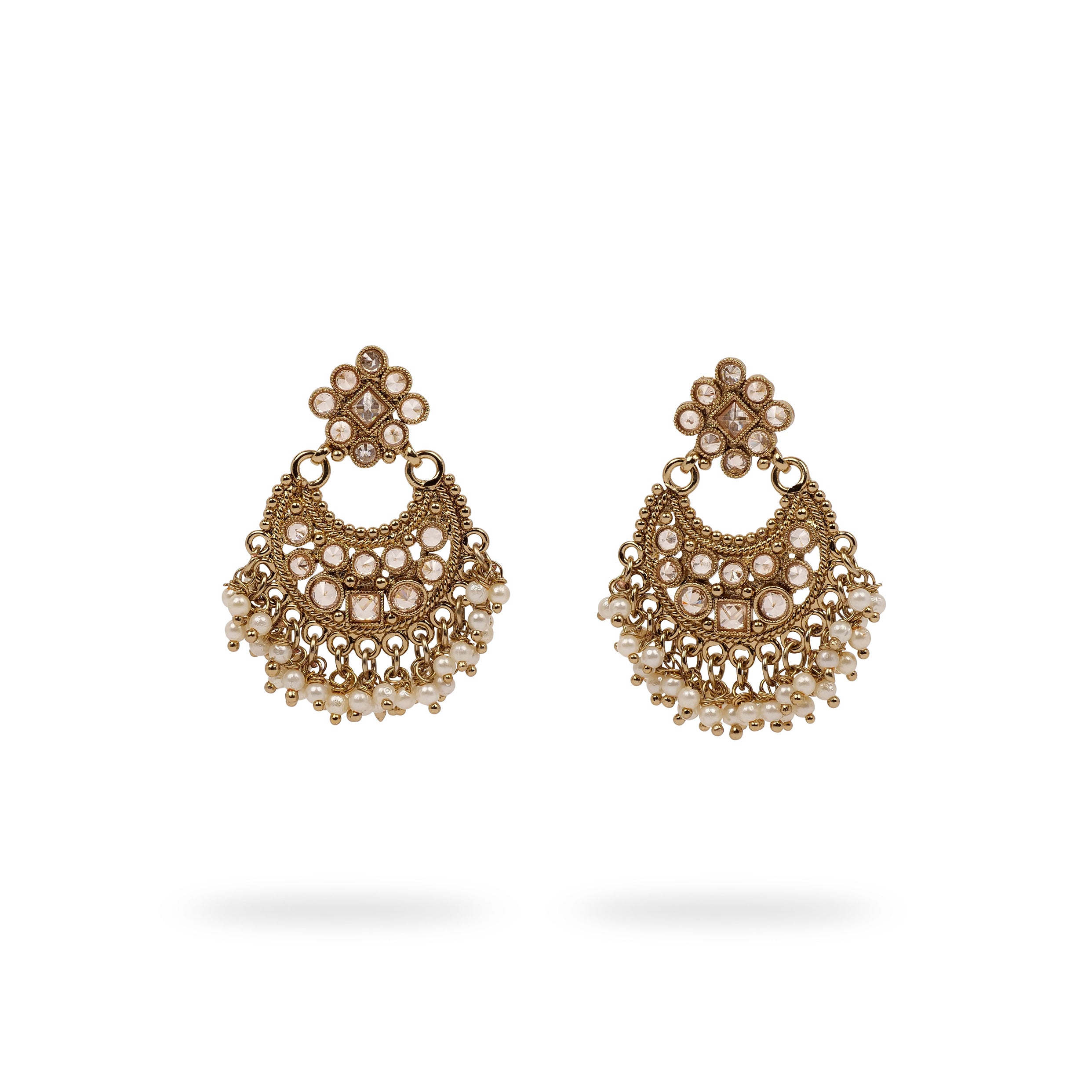 Pearl Cluster Chandbali Earrings in Antique Gold