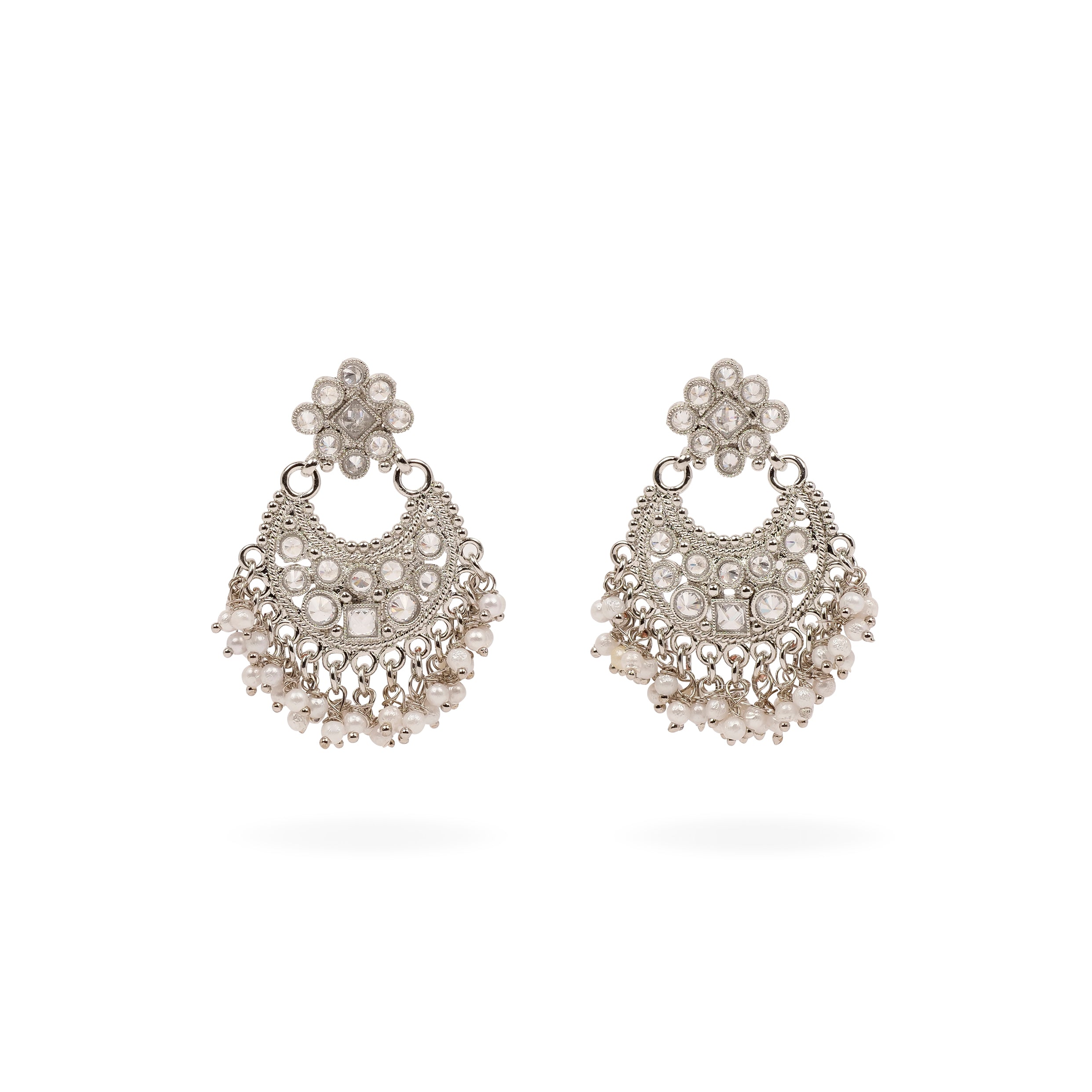 Pearl Cluster Chandbali Earrings in Pearl and Rhodium