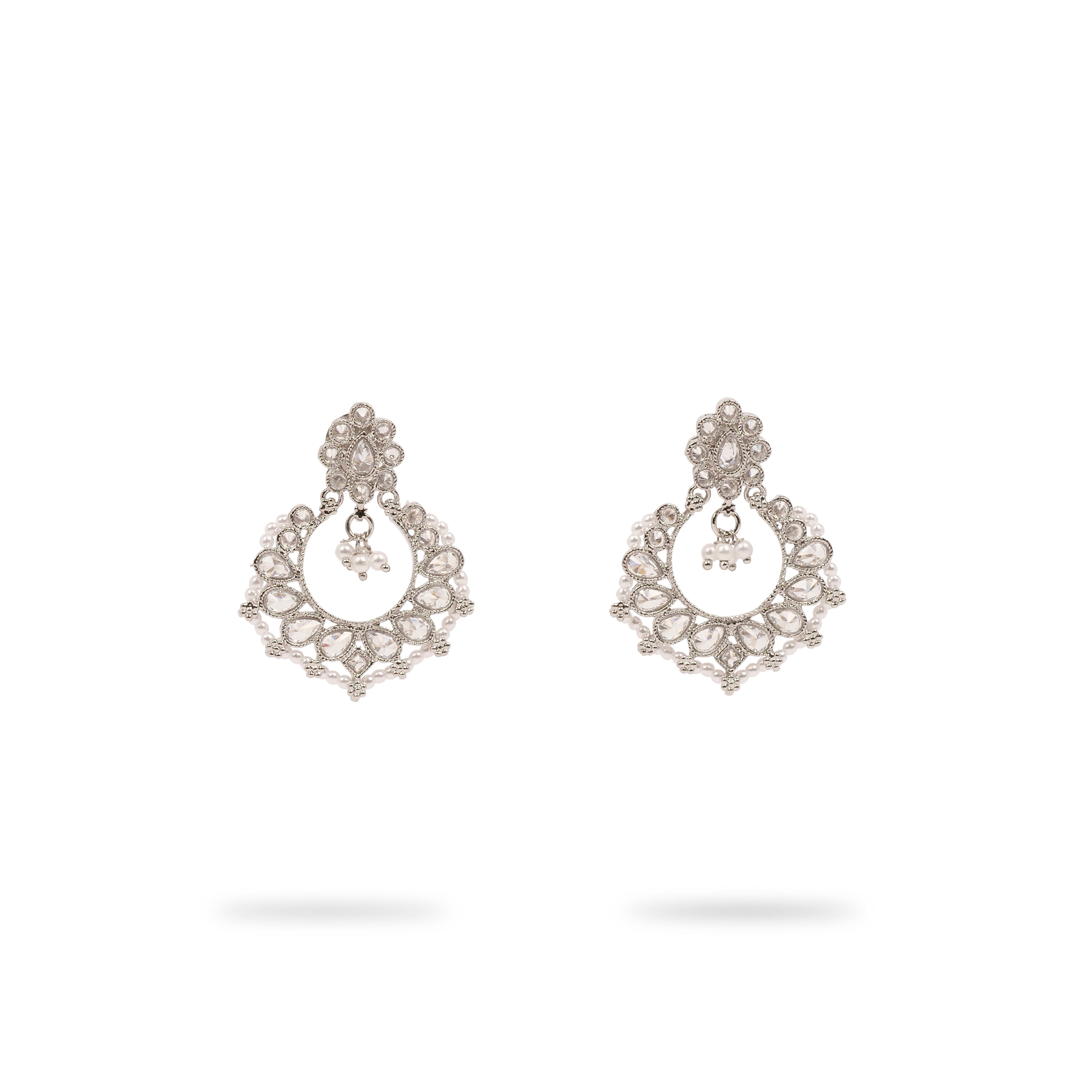 Ethnic Bead-Edge Earrings in Rhodium