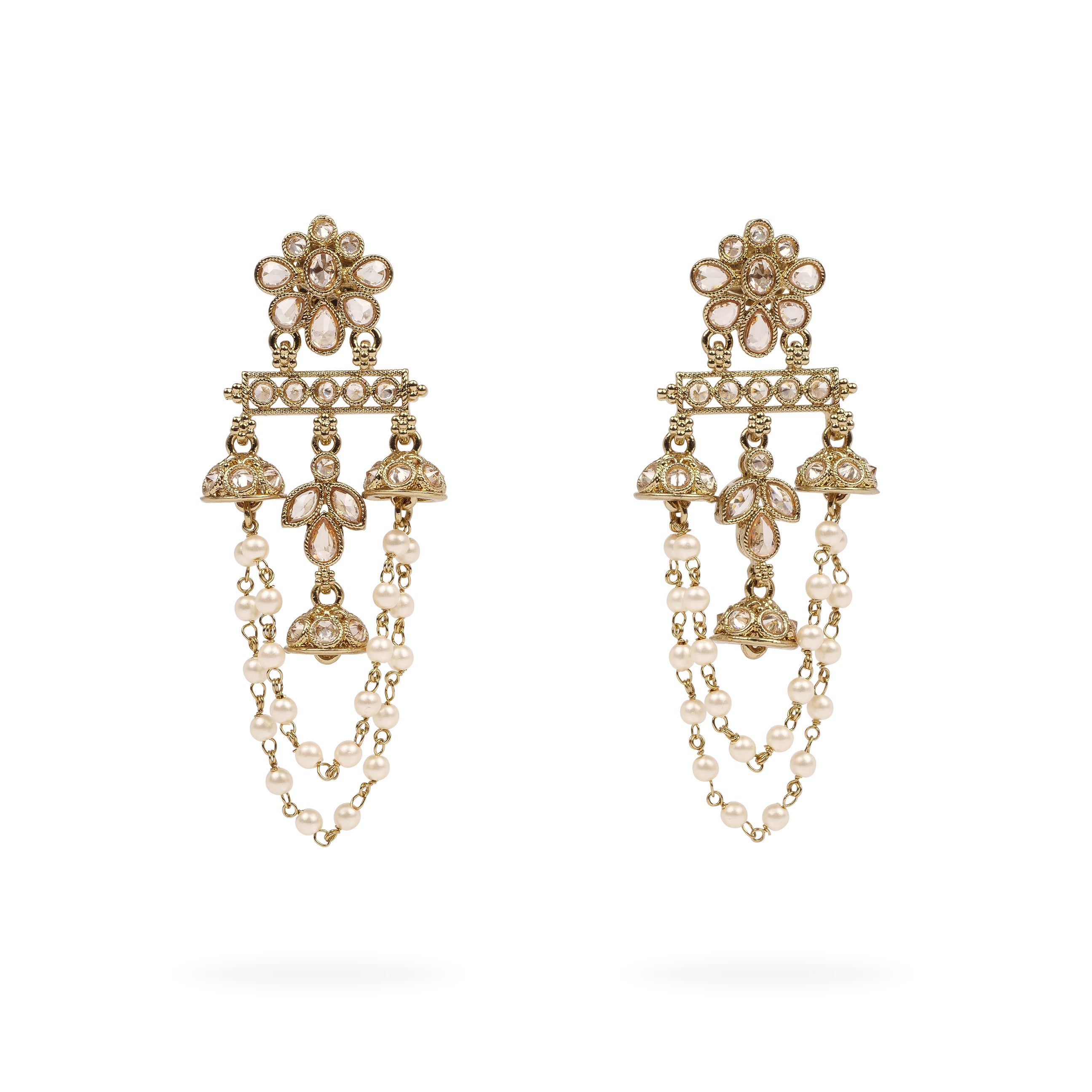 Noor Long Earrings in Pearl and Antique Gold