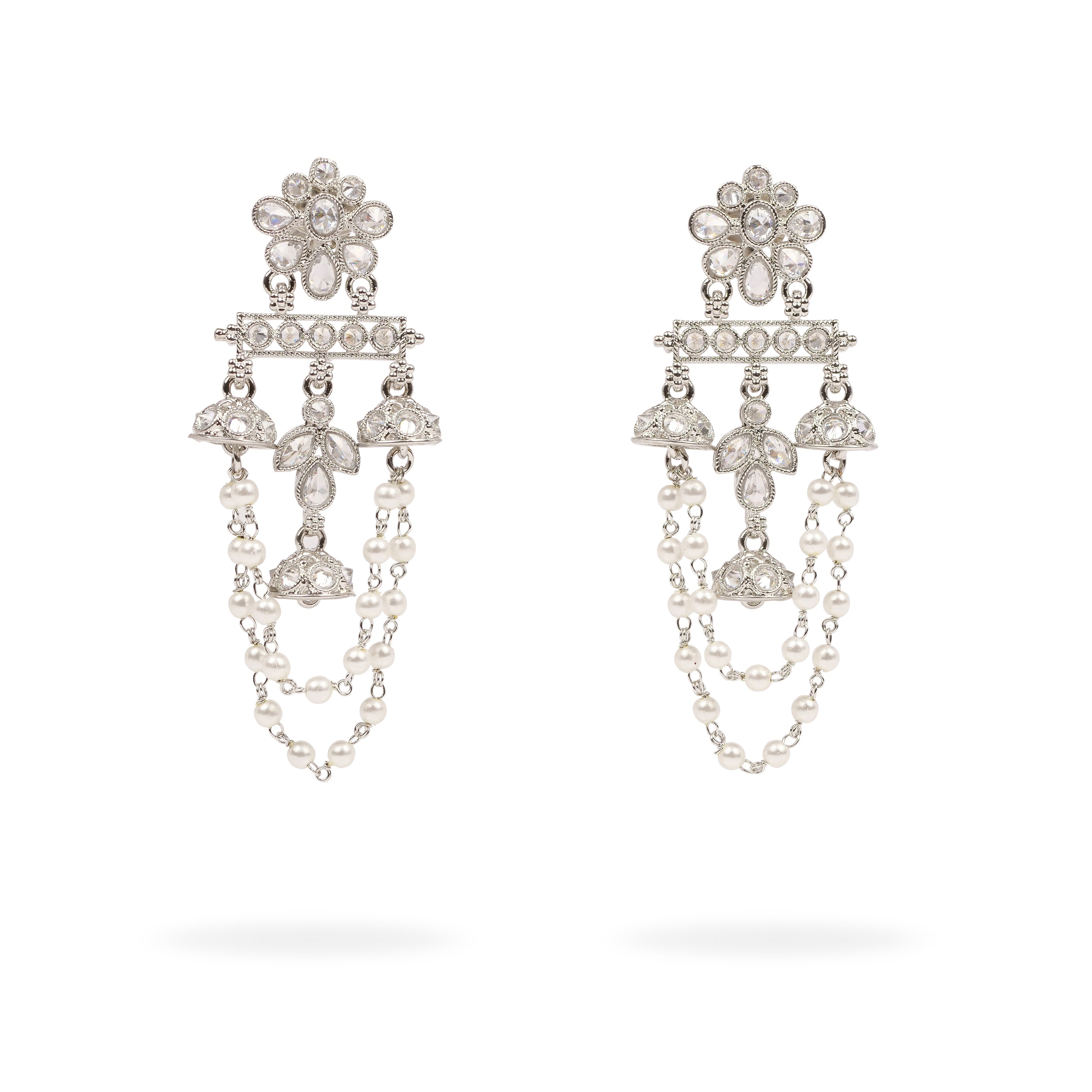 Noor Long Earrings in Pearl and Rhodium