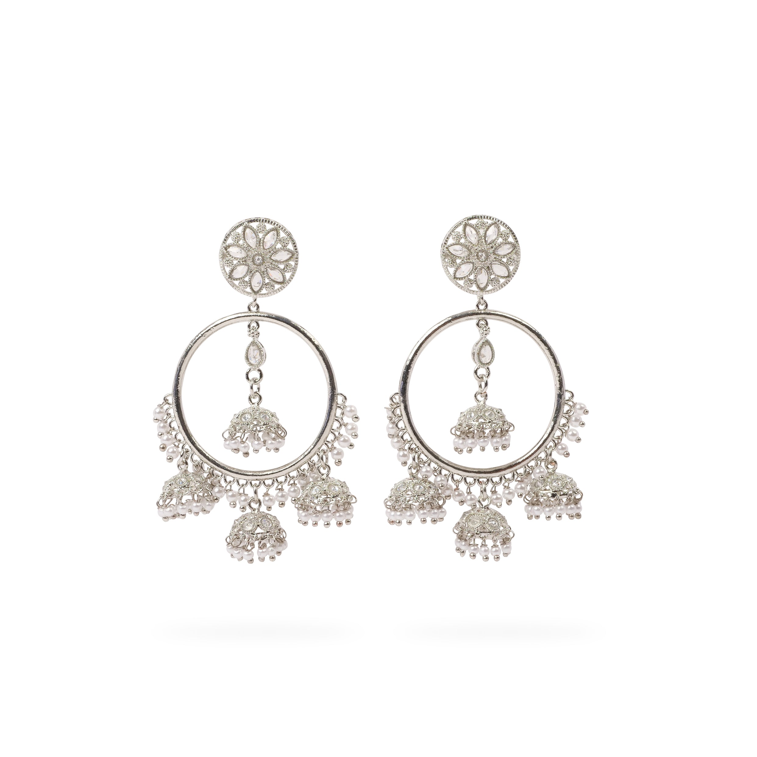 Rani Jhumka Earrings in Pearl and Rhodium