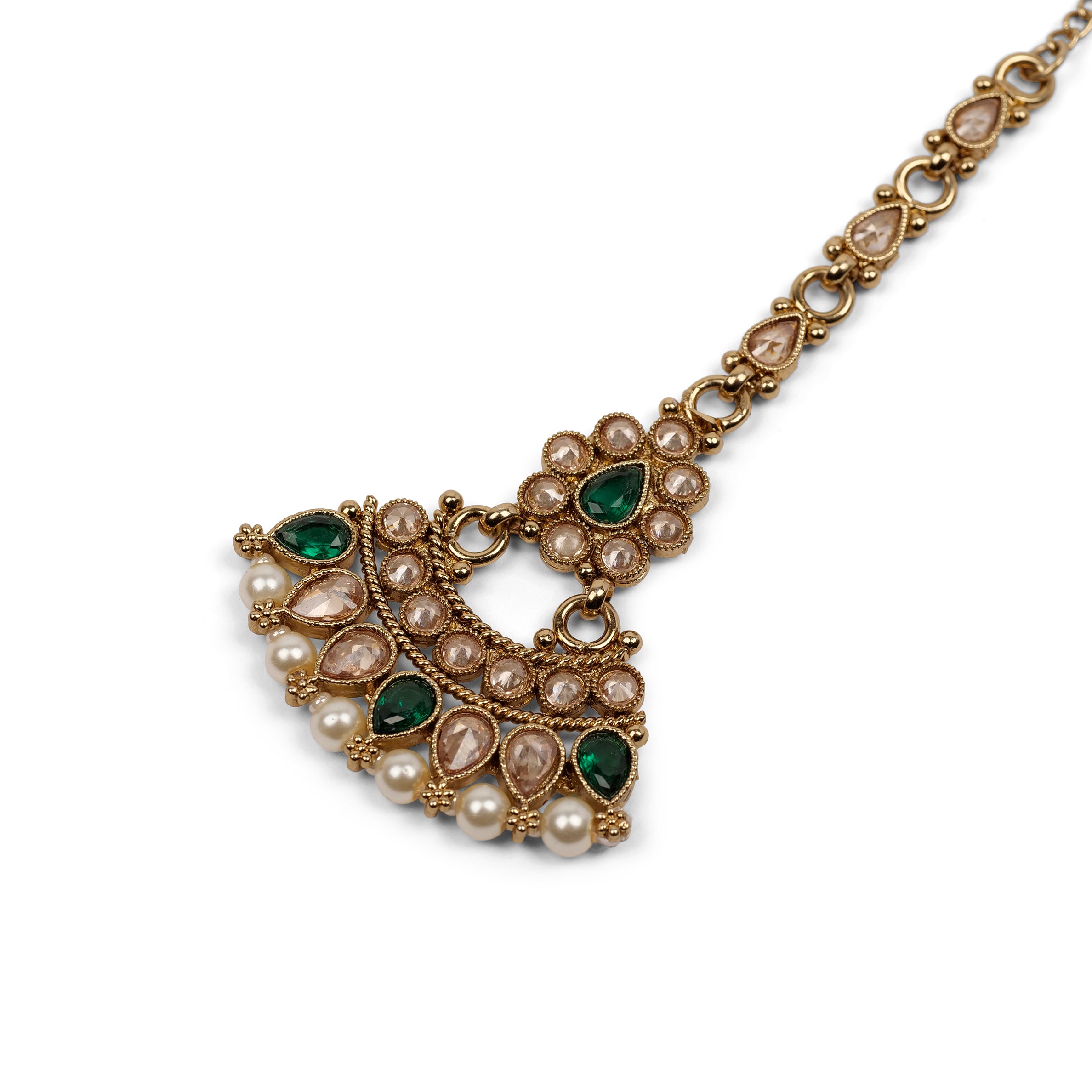 Anala Simple Necklace Set in Green and Pearl 