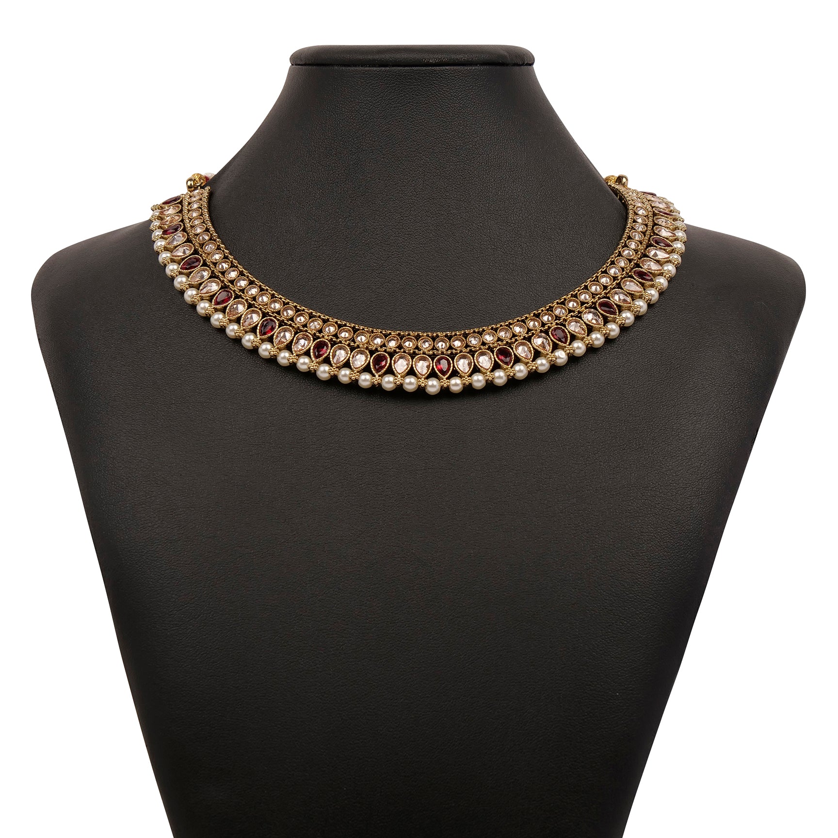 Anala Simple Necklace Set in Maroon and Pearl