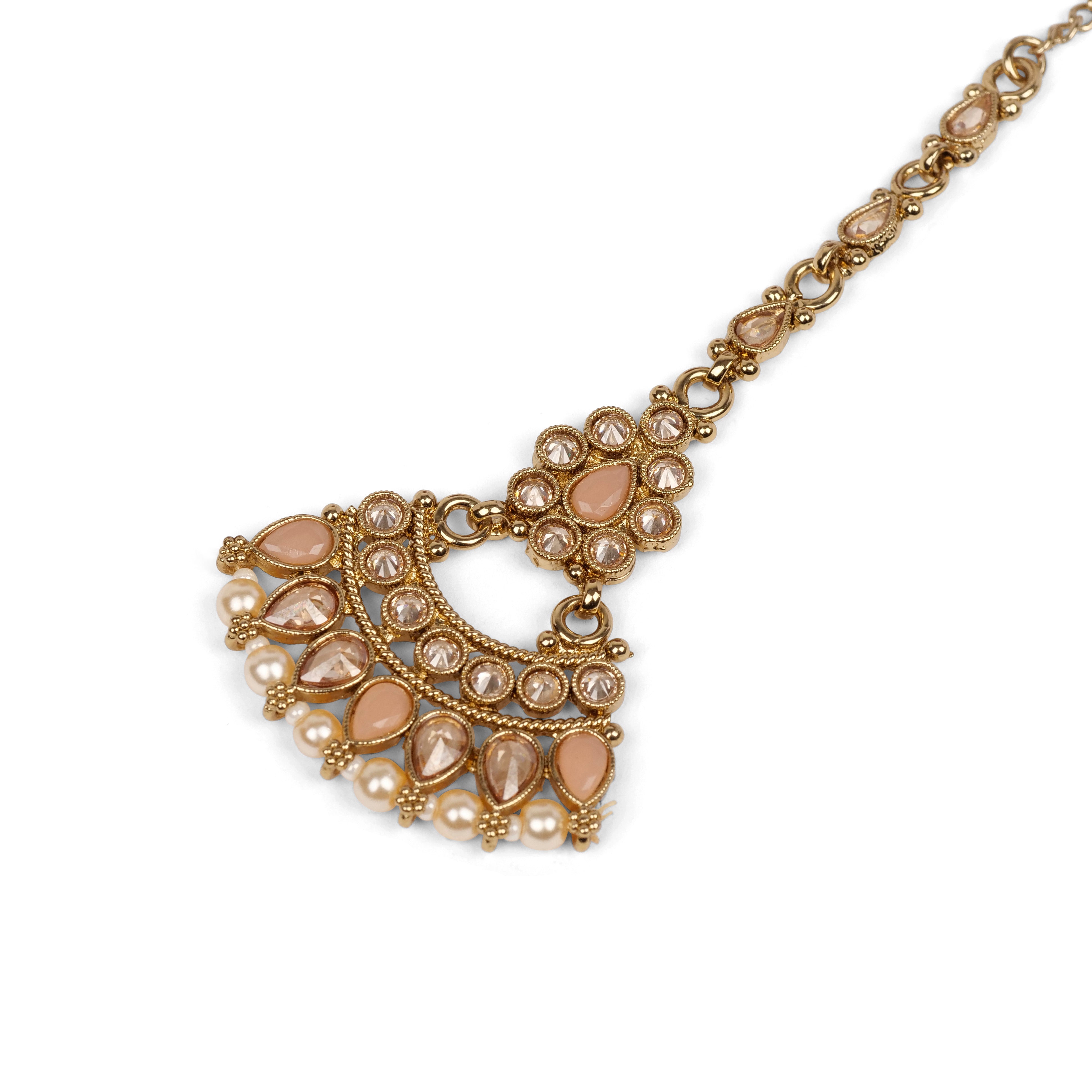 Anala Simple Neckalace Set in Peach and Pearl