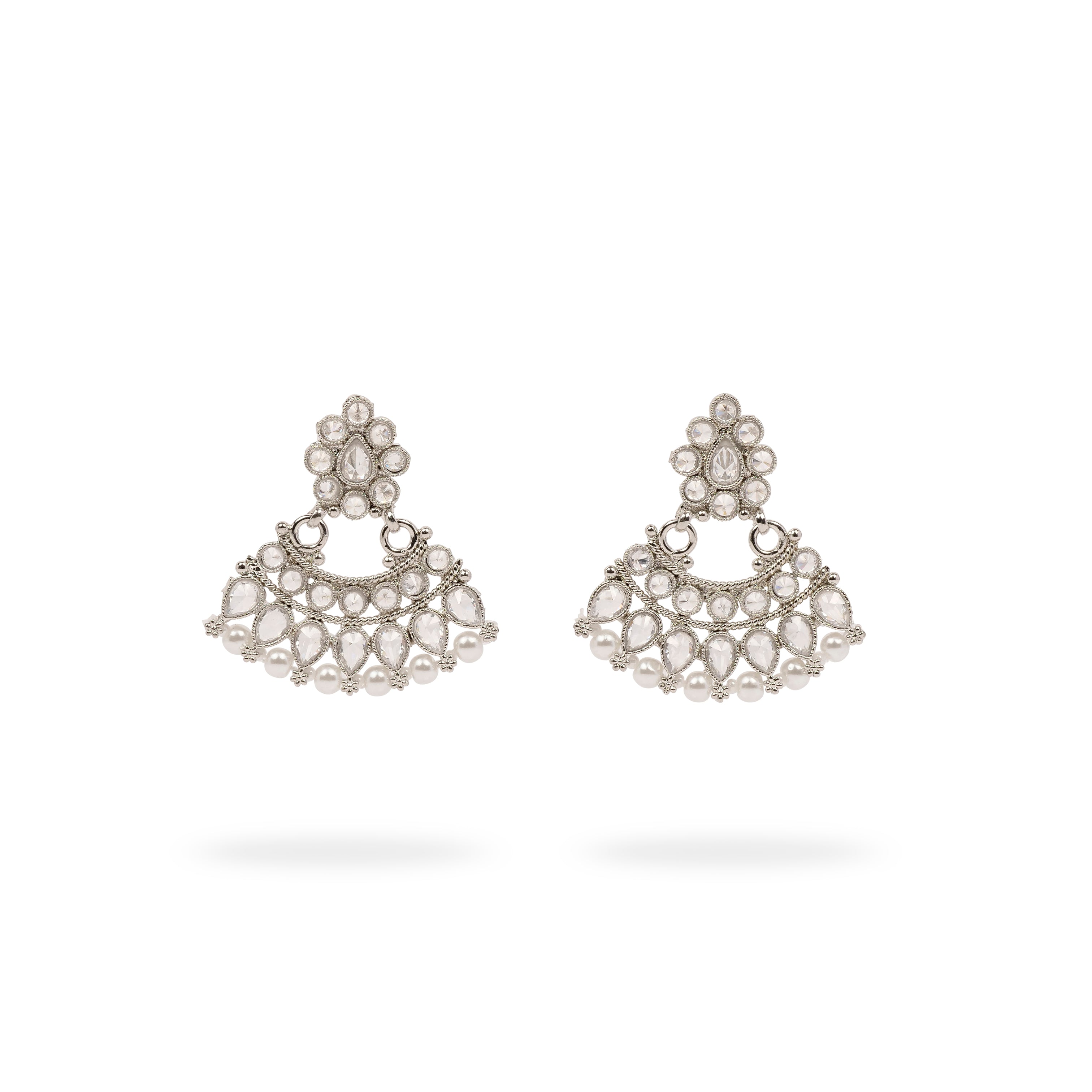 Anala Simple Necklace Set in Pearl and Rhodium