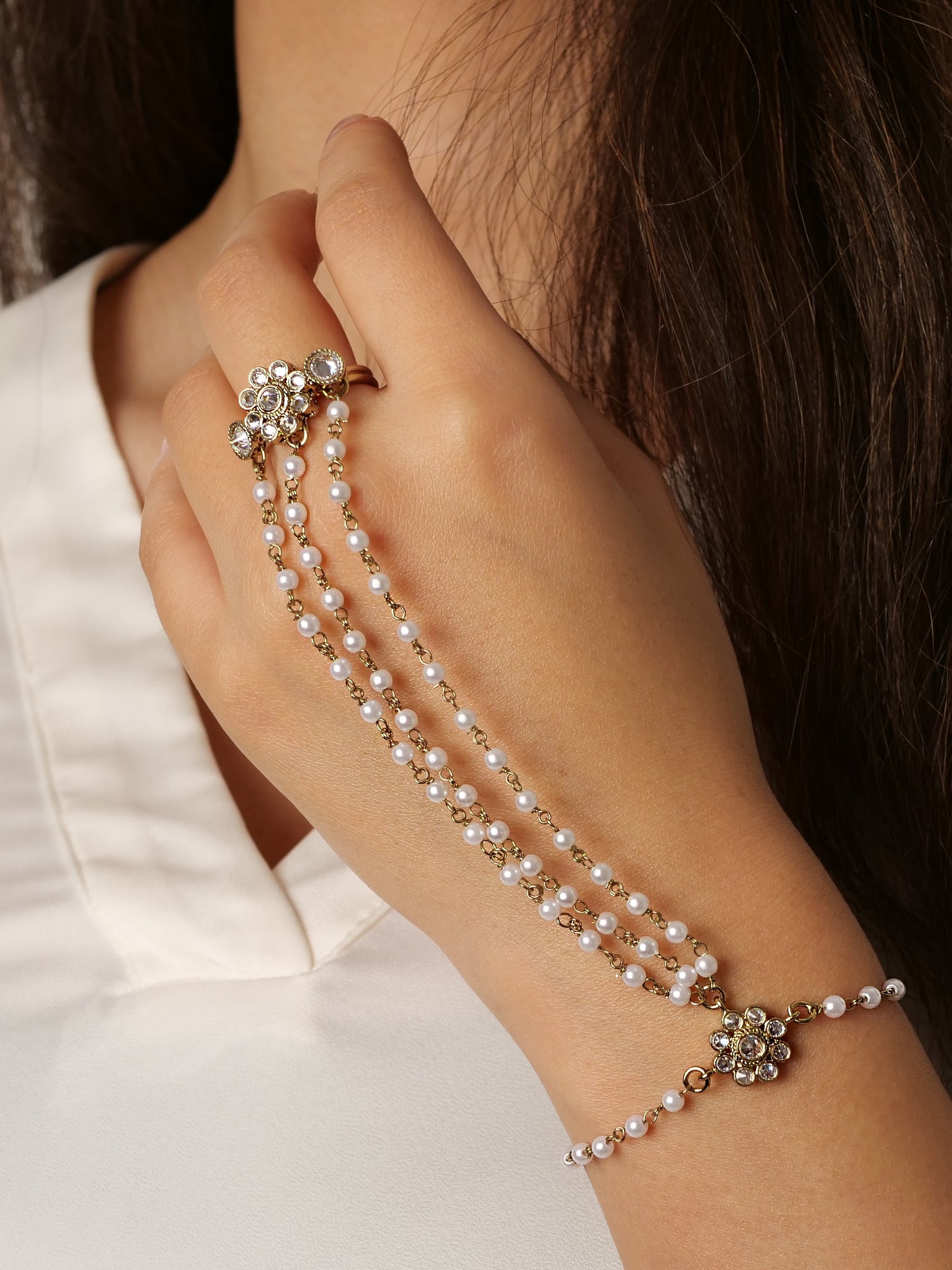 Forever Floral Triple Hand Chain in Pearl and White